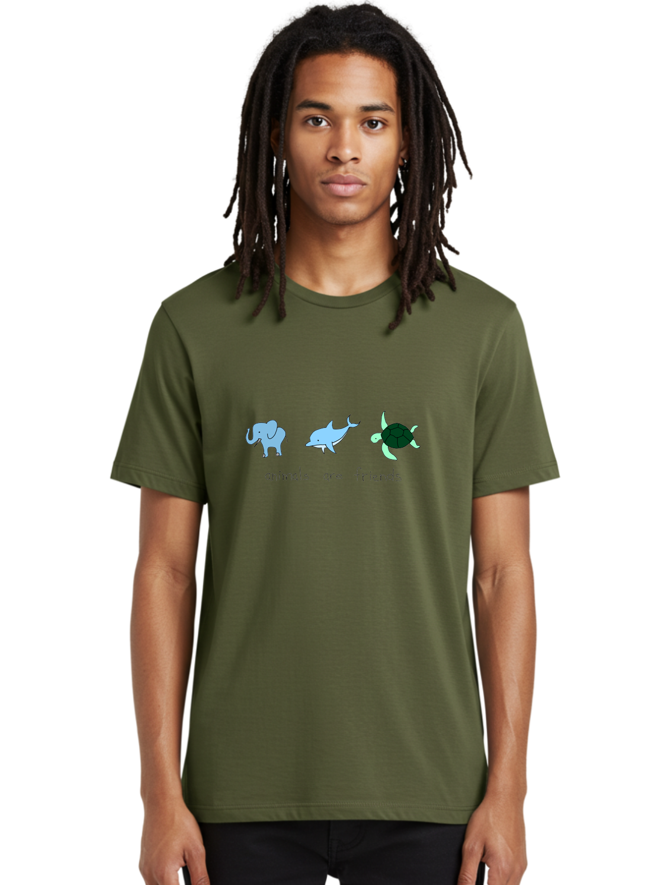 Animals-Are-Friends Men'S Graphic Tee, 100% Cotton, Comfortable Casual Summer Wear, Machine Washable, Cartoon Elephant, Dolphin, Turtle, Friendship, Animal Buddies, Wildlife Companions, Cute Illustrations, Animal Friends, - Aaa006 30