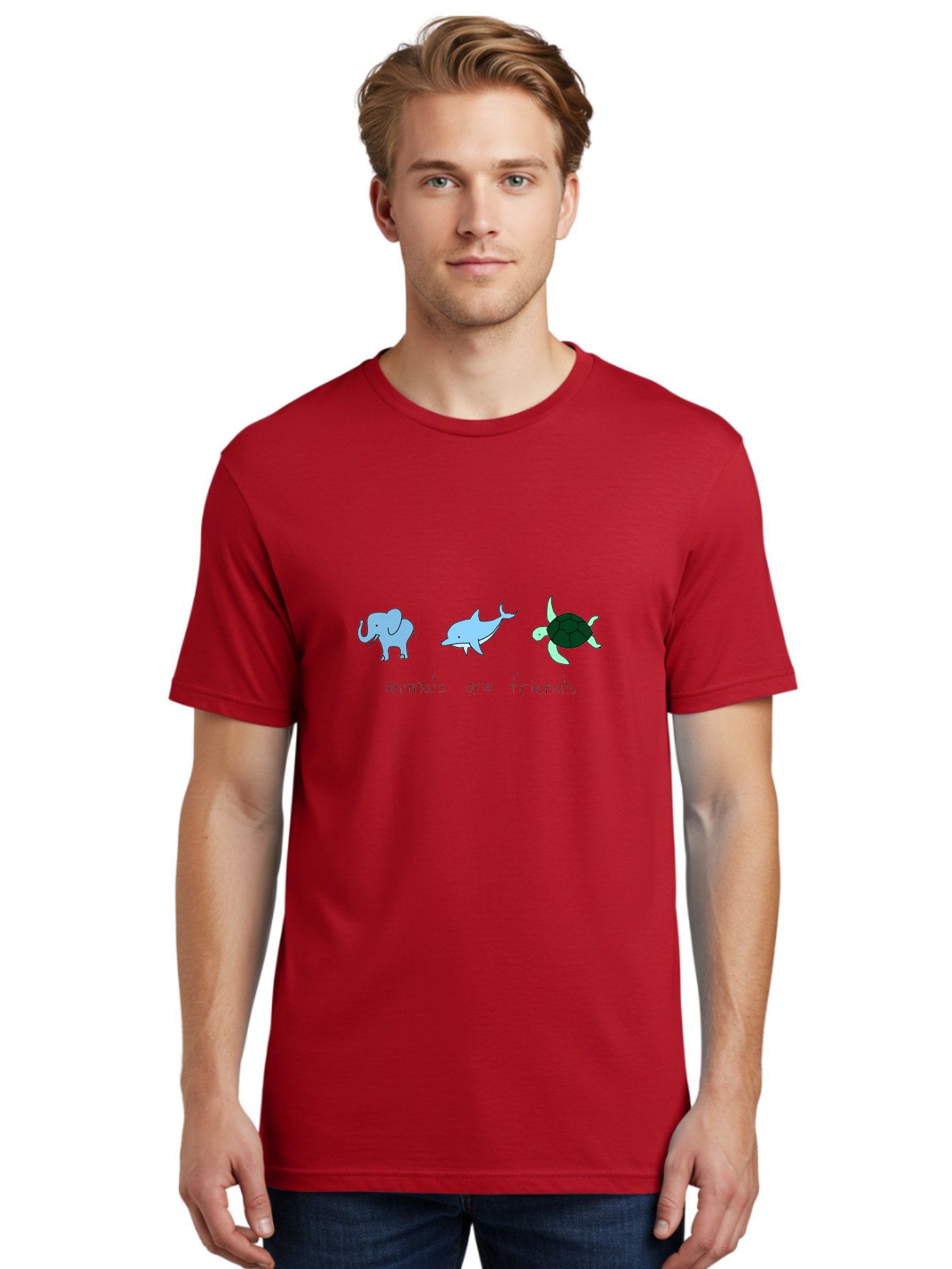 Animals-Are-Friends Men'S Graphic Tee, 100% Cotton, Comfortable Casual Summer Wear, Machine Washable, Cartoon Elephant, Dolphin, Turtle, Friendship, Animal Buddies, Wildlife Companions, Cute Illustrations, Animal Friends, - Aaa006 24