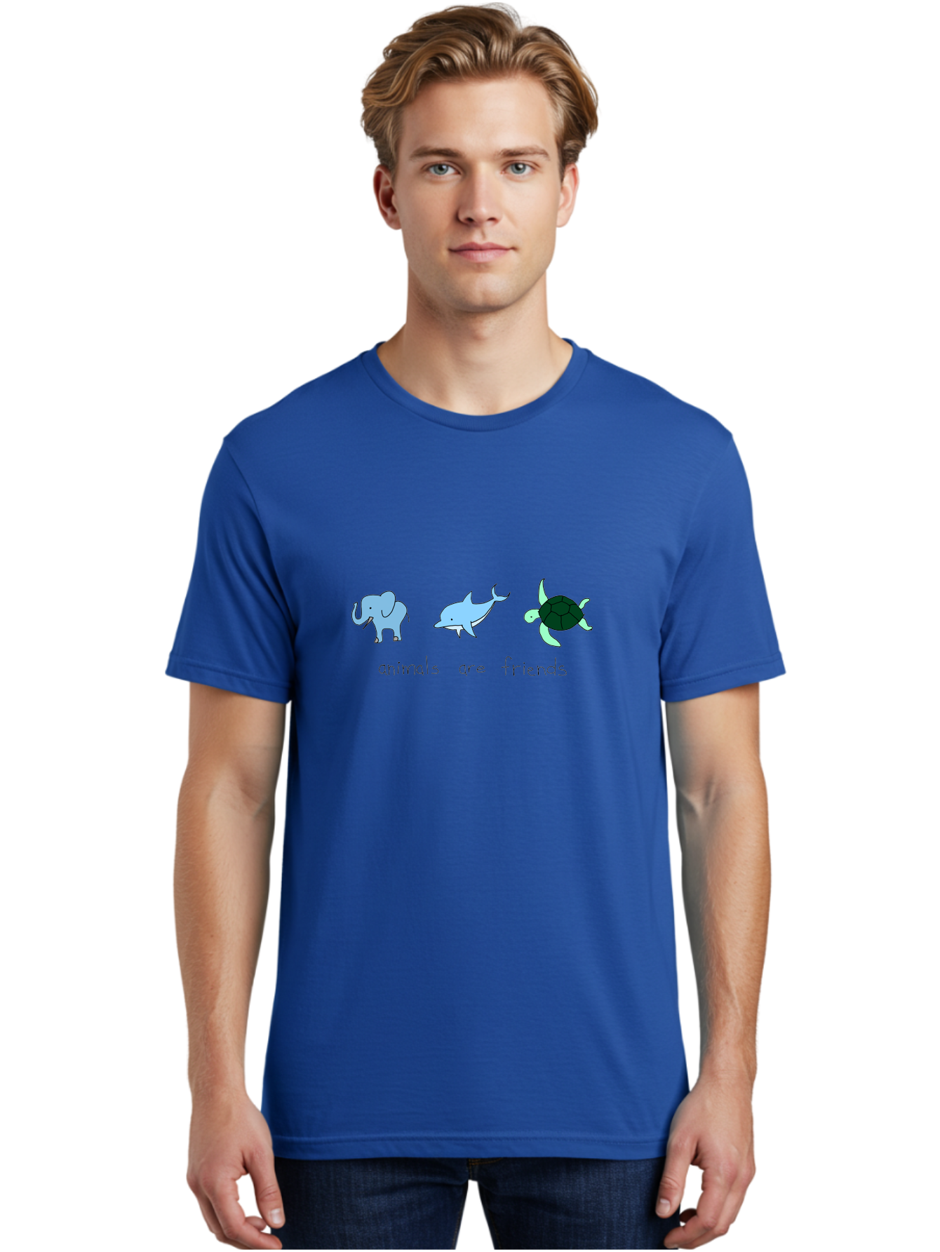 Animals-Are-Friends Men'S Graphic Tee, 100% Cotton, Comfortable Casual Summer Wear, Machine Washable, Cartoon Elephant, Dolphin, Turtle, Friendship, Animal Buddies, Wildlife Companions, Cute Illustrations, Animal Friends, - Aaa006 26