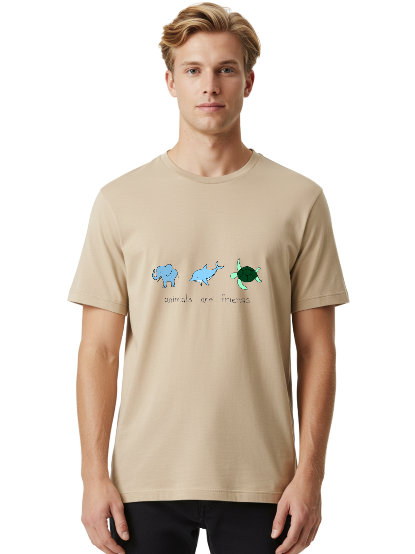 Animals-Are-Friends Men'S Graphic Tee, 100% Cotton, Comfortable Casual Summer Wear, Machine Washable, Cartoon Elephant, Dolphin, Turtle, Friendship, Animal Buddies, Wildlife Companions, Cute Illustrations, Animal Friends, - Aaa006 6