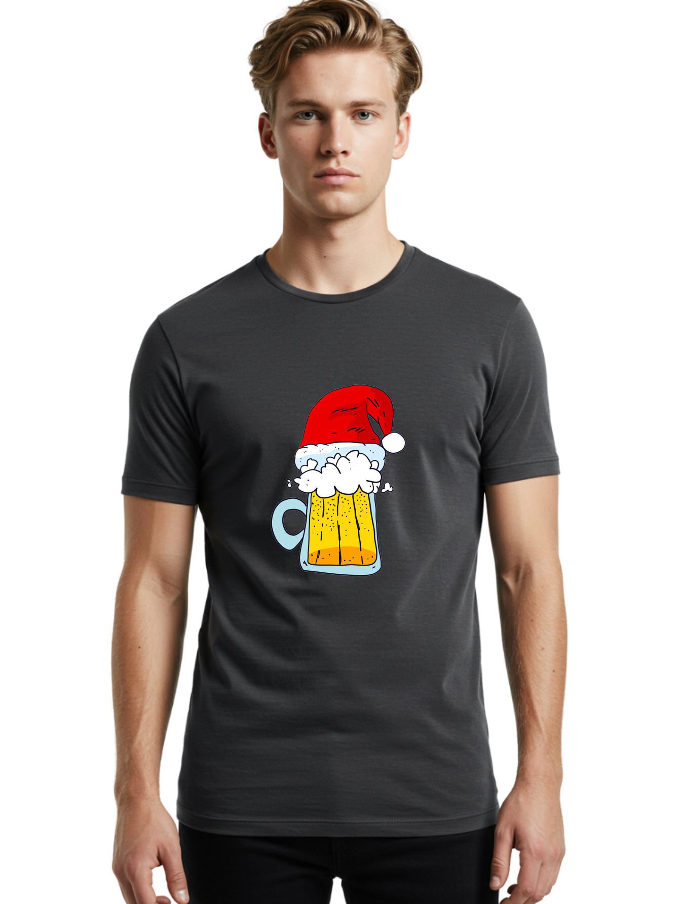 Beer-Mug-With-Santa-Hat Men'S Graphic Tee, 100% Cotton, Comfortable Casual Summer Wear, Machine Washable, Beer Mug With Santa Hat, Christmas Theme, Festive Drink, Holiday Cheer, Cartoon Style, Funny Illustration, Cold Beer, - Aaa011 22