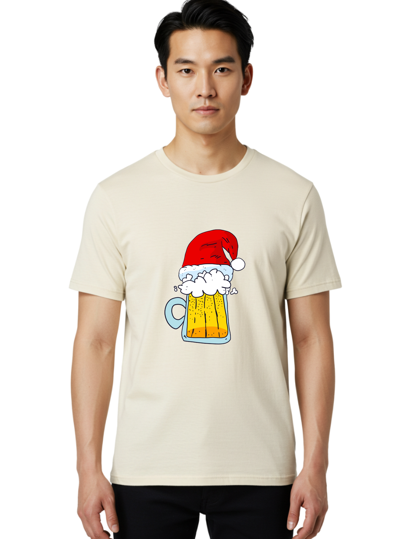 Beer-Mug-With-Santa-Hat Men'S Graphic Tee, 100% Cotton, Comfortable Casual Summer Wear, Machine Washable, Beer Mug With Santa Hat, Christmas Theme, Festive Drink, Holiday Cheer, Cartoon Style, Funny Illustration, Cold Beer, - Aaa011 4