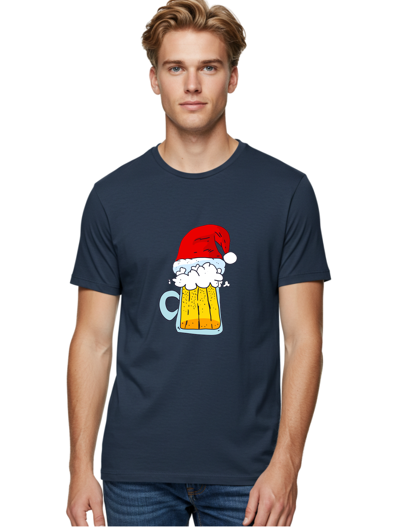 Beer-Mug-With-Santa-Hat Men'S Graphic Tee, 100% Cotton, Comfortable Casual Summer Wear, Machine Washable, Beer Mug With Santa Hat, Christmas Theme, Festive Drink, Holiday Cheer, Cartoon Style, Funny Illustration, Cold Beer, - Aaa011 28