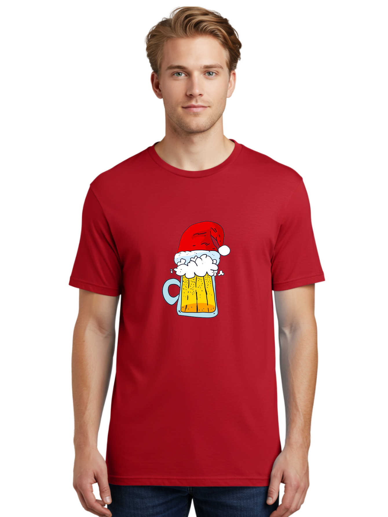 Beer-Mug-With-Santa-Hat Men'S Graphic Tee, 100% Cotton, Comfortable Casual Summer Wear, Machine Washable, Beer Mug With Santa Hat, Christmas Theme, Festive Drink, Holiday Cheer, Cartoon Style, Funny Illustration, Cold Beer, - Aaa011 26
