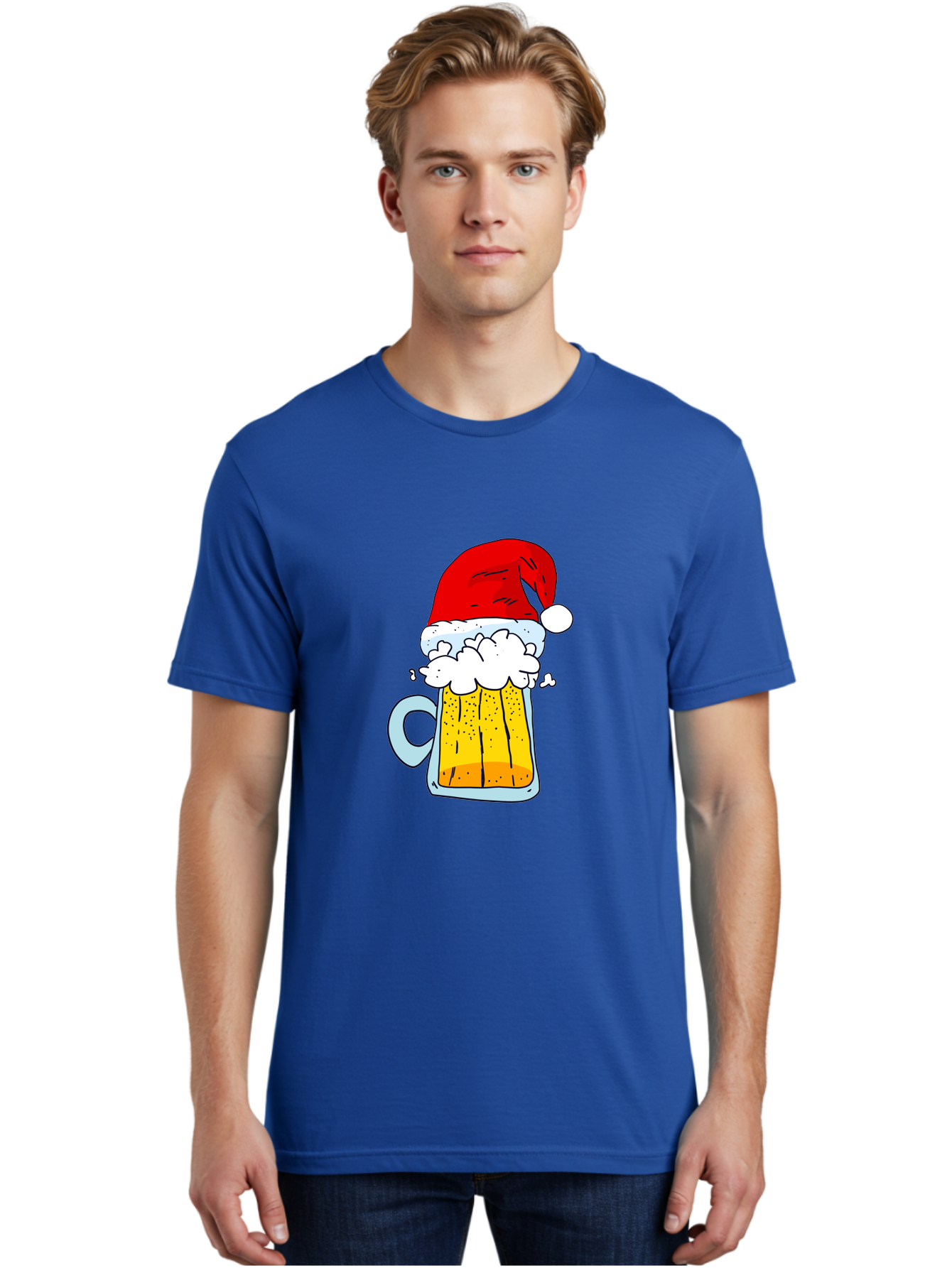 Beer-Mug-With-Santa-Hat Men'S Graphic Tee, 100% Cotton, Comfortable Casual Summer Wear, Machine Washable, Beer Mug With Santa Hat, Christmas Theme, Festive Drink, Holiday Cheer, Cartoon Style, Funny Illustration, Cold Beer, - Aaa011 30