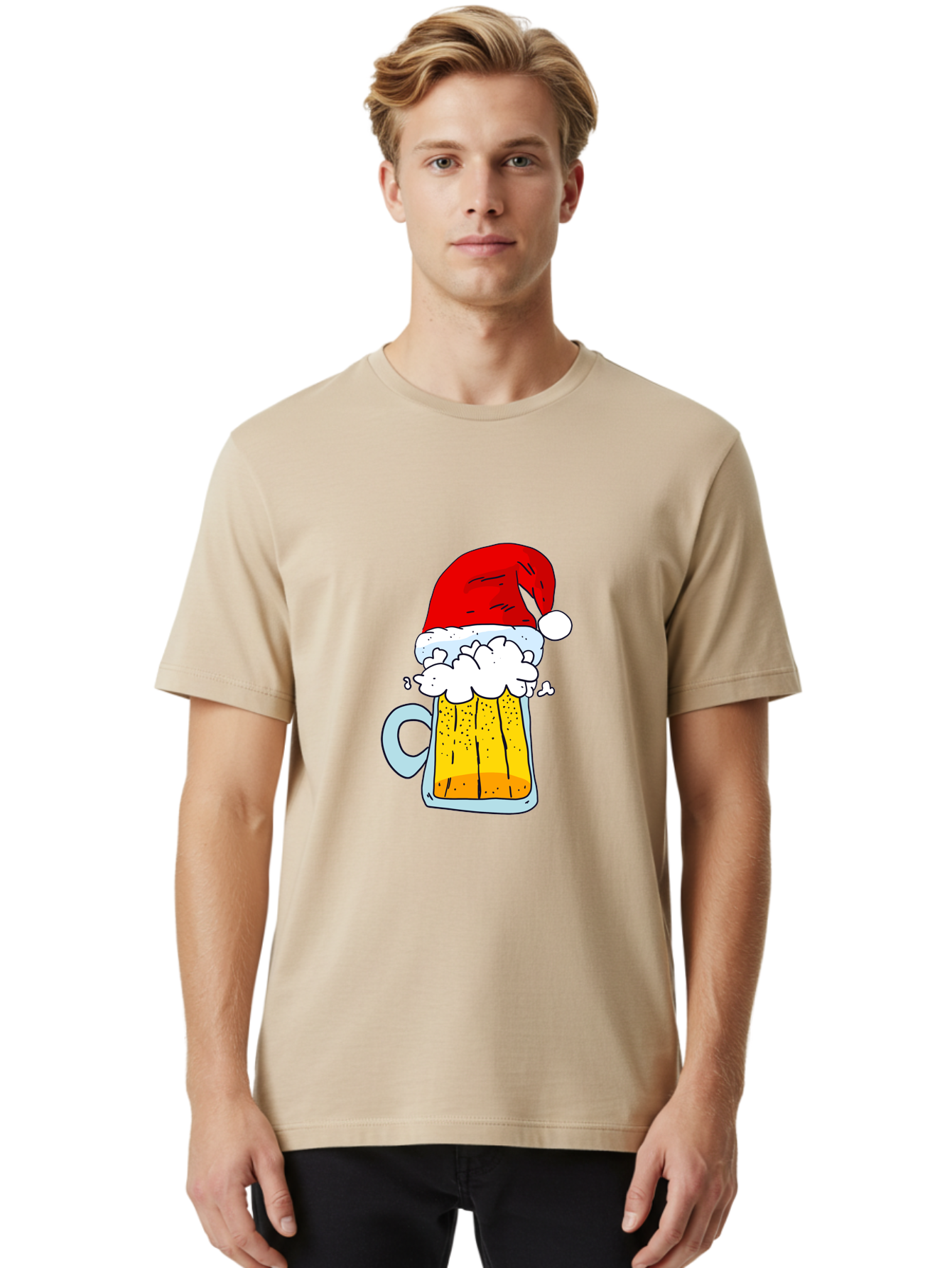 Beer-Mug-With-Santa-Hat Men'S Graphic Tee, 100% Cotton, Comfortable Casual Summer Wear, Machine Washable, Beer Mug With Santa Hat, Christmas Theme, Festive Drink, Holiday Cheer, Cartoon Style, Funny Illustration, Cold Beer, - Aaa011 16