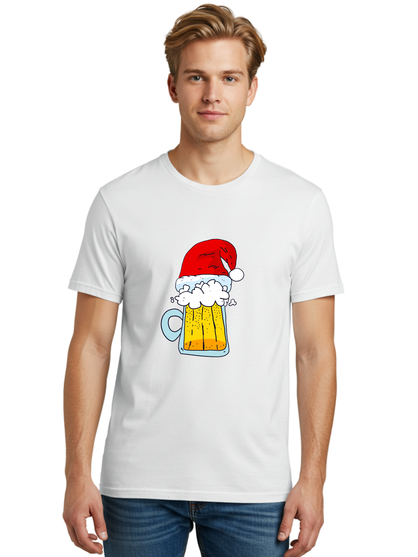 Beer-Mug-With-Santa-Hat Men'S Graphic Tee, 100% Cotton, Comfortable Casual Summer Wear, Machine Washable, Beer Mug With Santa Hat, Christmas Theme, Festive Drink, Holiday Cheer, Cartoon Style, Funny Illustration, Cold Beer, - Aaa011 10