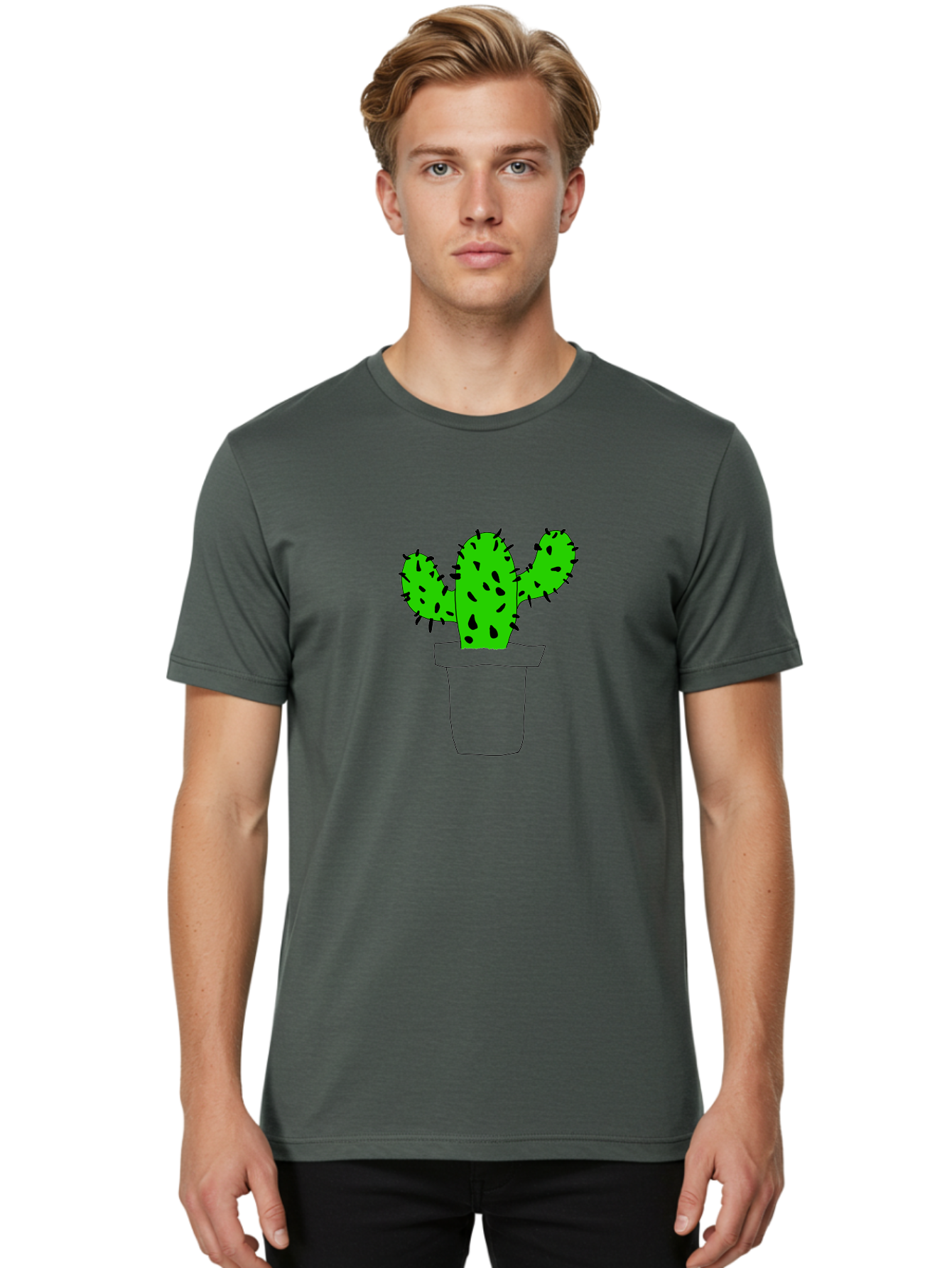 Cactus Men'S Graphic Tee, 100% Cotton, Comfortable Casual Summer Wear, Machine Washable, Cactus Plant, Potted Cactus, Spiky Leaves, Simple Illustration, Minimalist Design, Cacti, Succulent, Desert Plant, Houseplant, Black Outline - Aaa016 12