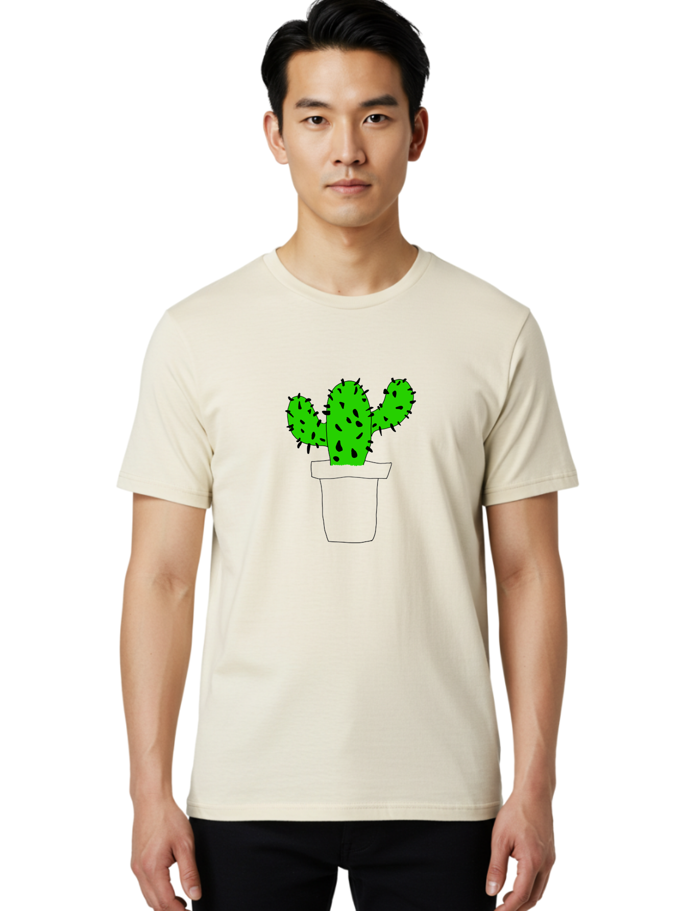 Cactus Men'S Graphic Tee, 100% Cotton, Comfortable Casual Summer Wear, Machine Washable, Cactus Plant, Potted Cactus, Spiky Leaves, Simple Illustration, Minimalist Design, Cacti, Succulent, Desert Plant, Houseplant, Black Outline - Aaa016 20