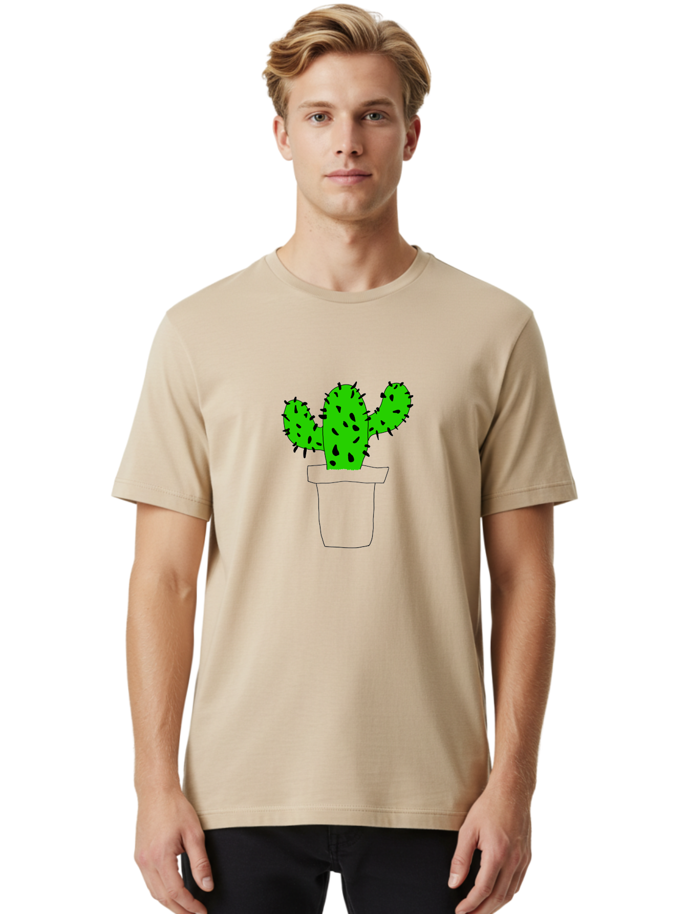 Cactus Men'S Graphic Tee, 100% Cotton, Comfortable Casual Summer Wear, Machine Washable, Cactus Plant, Potted Cactus, Spiky Leaves, Simple Illustration, Minimalist Design, Cacti, Succulent, Desert Plant, Houseplant, Black Outline - Aaa016 22