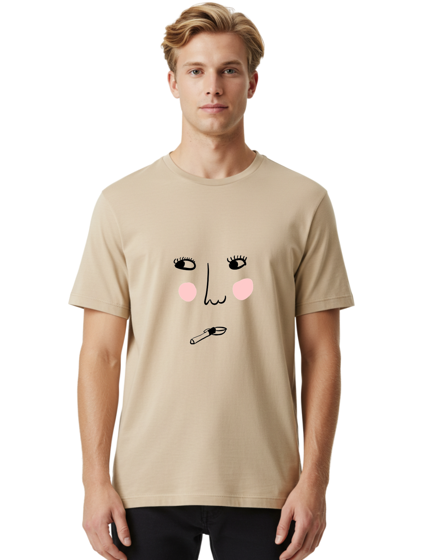Cigarette-Face Men'S Graphic Tee, 100% Cotton, Comfortable Casual Summer Wear, Machine Washable, Cartoon Face, Whimsical Illustration, Smoking Culture, Cigarette, Quirky Art, Abstract Face, Minimalist Design, Simple Shapes - Aaa020 14