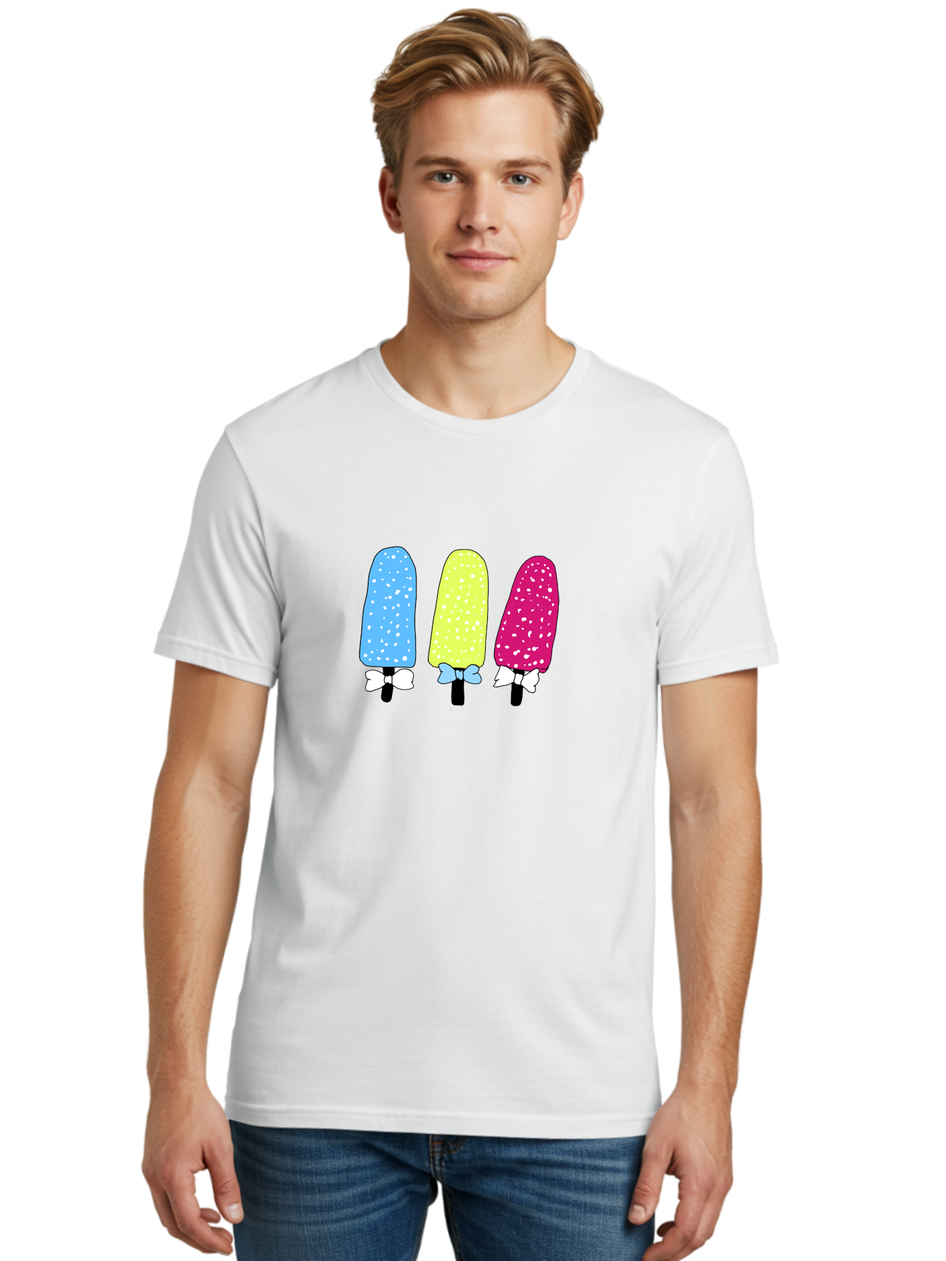 Colorful-Ice-Pops Men'S Graphic Tee, 100% Cotton, Comfortable Casual Summer Wear, Machine Washable, Colorful Ice Pops, Sweet Treats, Summer Fun, Popsicle Sticks, Bows, Kawaii Art, Ice Cream, Desserts, Party Favors, Vibrant Colors - Aaa021 22