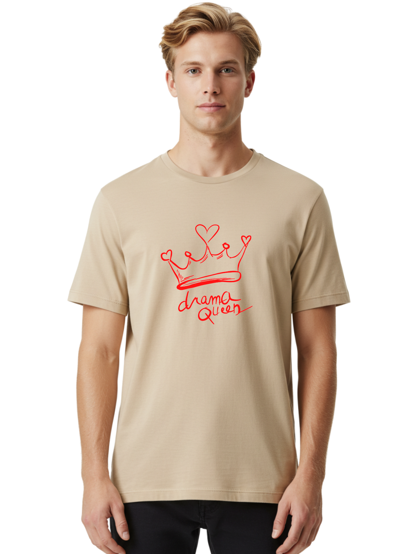 Drama-Queen Men'S Graphic Tee, 100% Cotton, Comfortable Casual Summer Wear, Machine Washable, Hand-Drawn Crown With Hearts, Red Ink Illustration, Drama Queen Phrase, Royal Symbolism, Quirky Design, Heart-Shaped Decorations - Aaa027 24