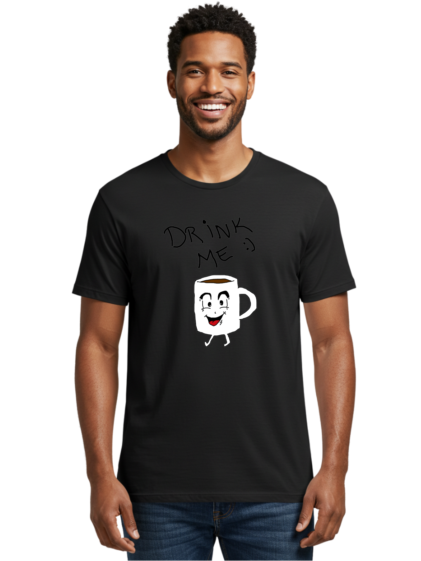 Drink-Me Men'S Graphic Tee, 100% Cotton, Comfortable Casual Summer Wear, Machine Washable, Cartoon Coffee Mug, Anthropomorphic Character, Smiling Face, Happy Expression, Coffee Drink, Beverage Illustration, Funny Character Design, - Aaa029 22