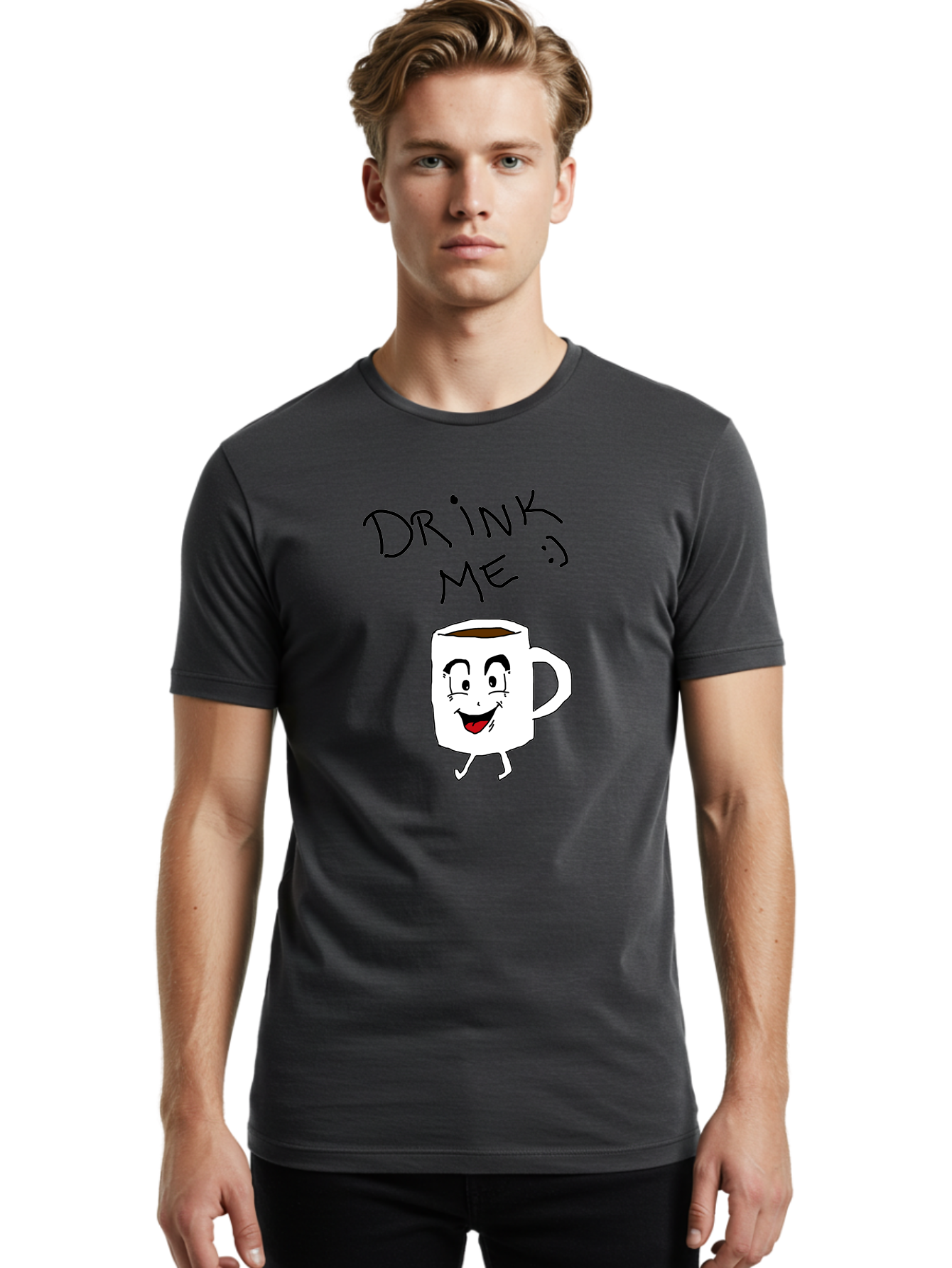 Drink-Me Men'S Graphic Tee, 100% Cotton, Comfortable Casual Summer Wear, Machine Washable, Cartoon Coffee Mug, Anthropomorphic Character, Smiling Face, Happy Expression, Coffee Drink, Beverage Illustration, Funny Character Design, - Aaa029 26