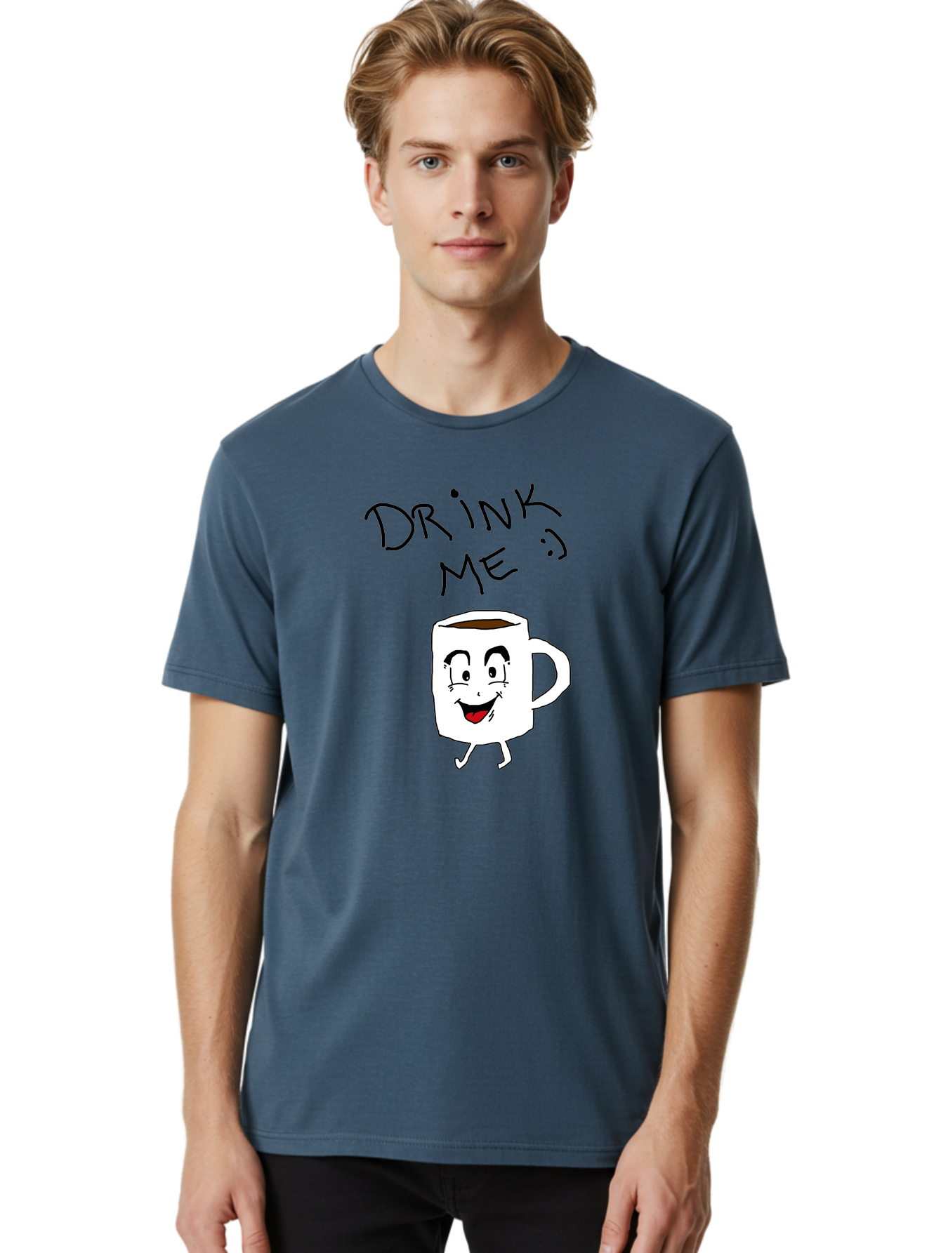 Drink-Me Men'S Graphic Tee, 100% Cotton, Comfortable Casual Summer Wear, Machine Washable, Cartoon Coffee Mug, Anthropomorphic Character, Smiling Face, Happy Expression, Coffee Drink, Beverage Illustration, Funny Character Design, - Aaa029 12