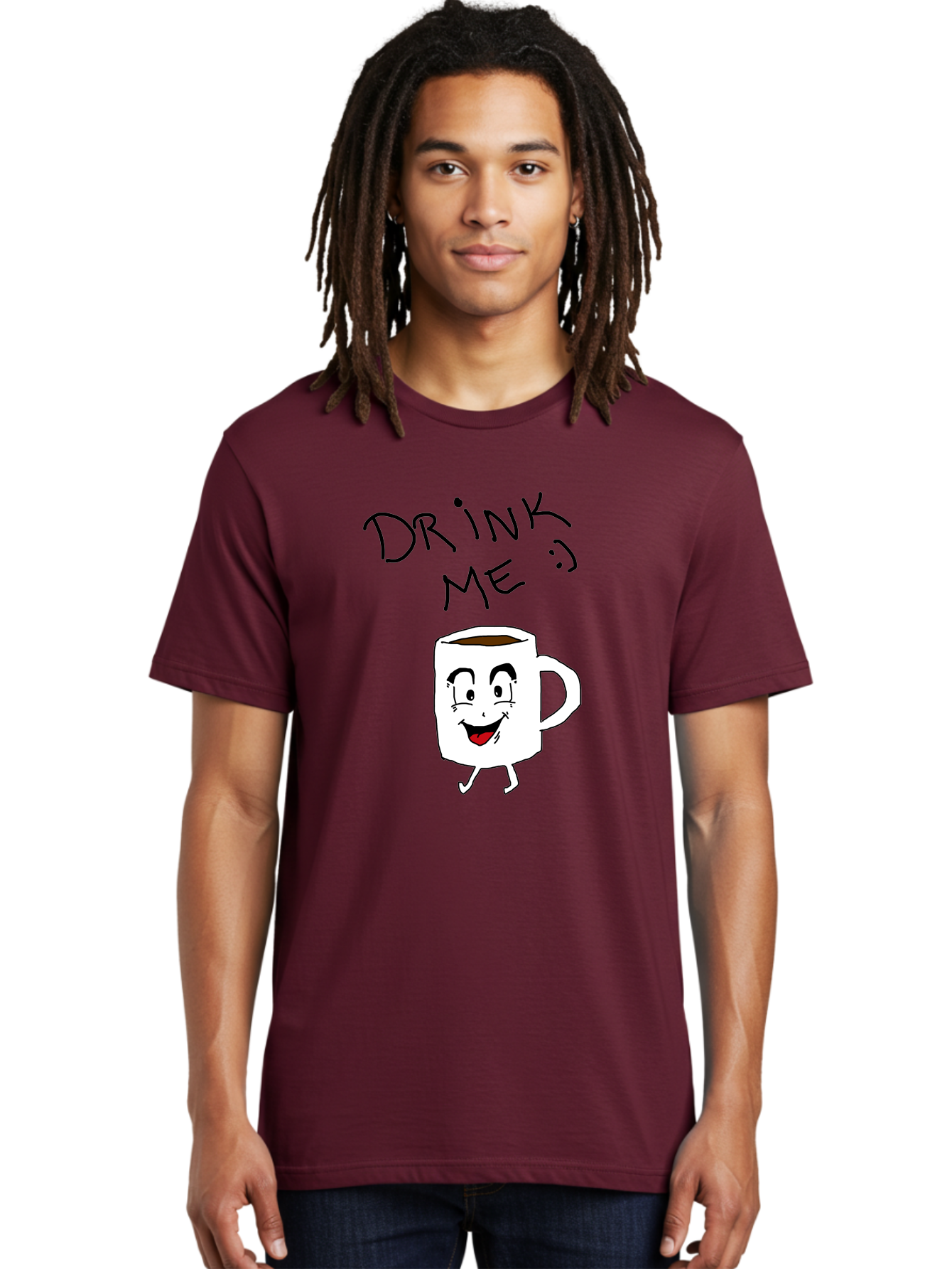 Drink-Me Men'S Graphic Tee, 100% Cotton, Comfortable Casual Summer Wear, Machine Washable, Cartoon Coffee Mug, Anthropomorphic Character, Smiling Face, Happy Expression, Coffee Drink, Beverage Illustration, Funny Character Design, - Aaa029 24