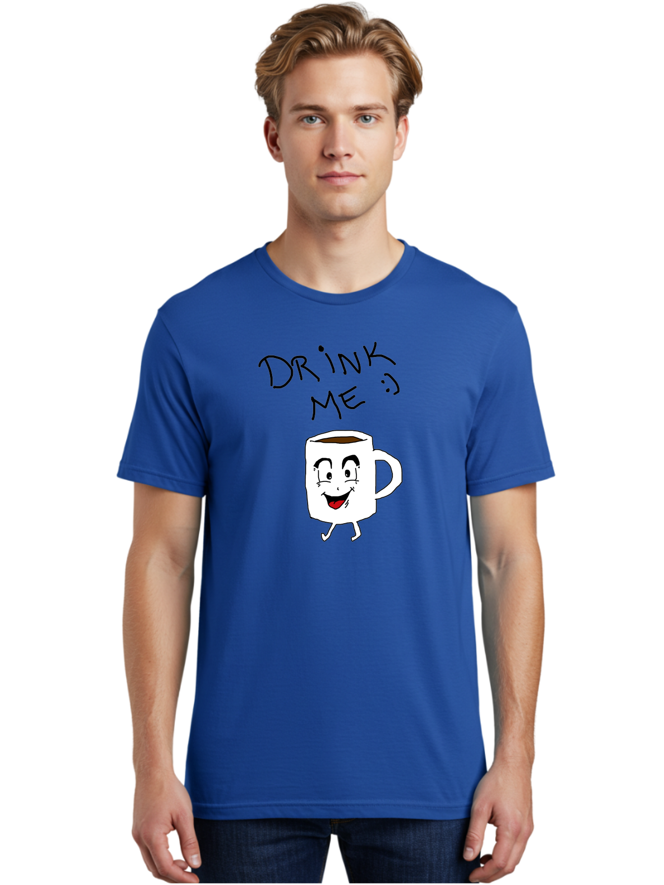 Drink-Me Men'S Graphic Tee, 100% Cotton, Comfortable Casual Summer Wear, Machine Washable, Cartoon Coffee Mug, Anthropomorphic Character, Smiling Face, Happy Expression, Coffee Drink, Beverage Illustration, Funny Character Design, - Aaa029 28