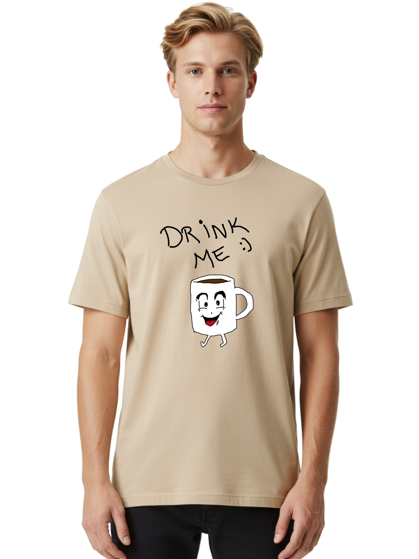 Drink-Me Men'S Graphic Tee, 100% Cotton, Comfortable Casual Summer Wear, Machine Washable, Cartoon Coffee Mug, Anthropomorphic Character, Smiling Face, Happy Expression, Coffee Drink, Beverage Illustration, Funny Character Design, - Aaa029 4