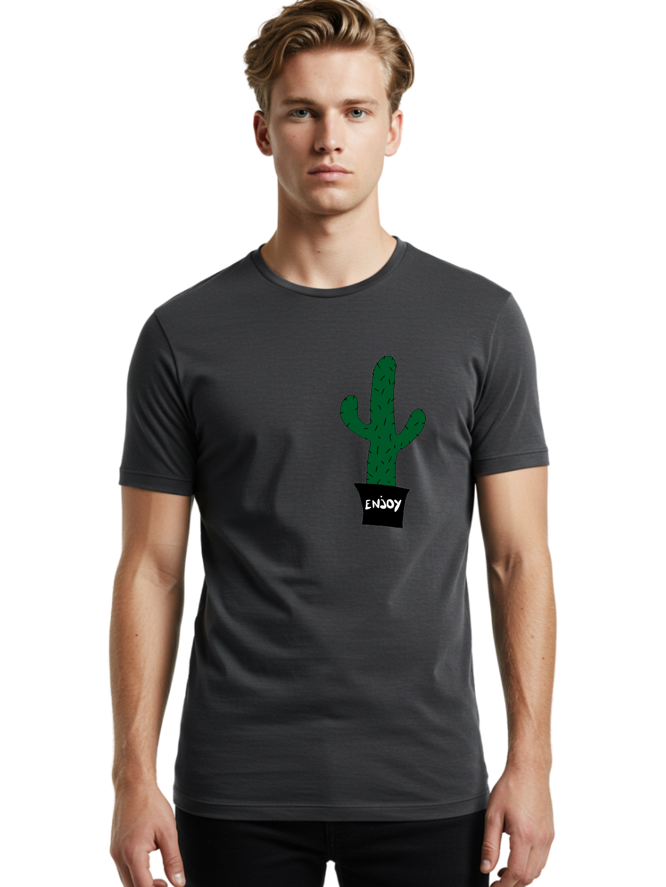 Enjoy Men'S Graphic Tee, 100% Cotton, Comfortable Casual Summer Wear, Machine Washable, Cactus In A Pot, Simple Design, Hand Drawn Illustration, Minimalistic Art, Cactus Plant, Enjoy Message, Modern Decor, Indoor Plants, Quirky Art, - Aaa033 20
