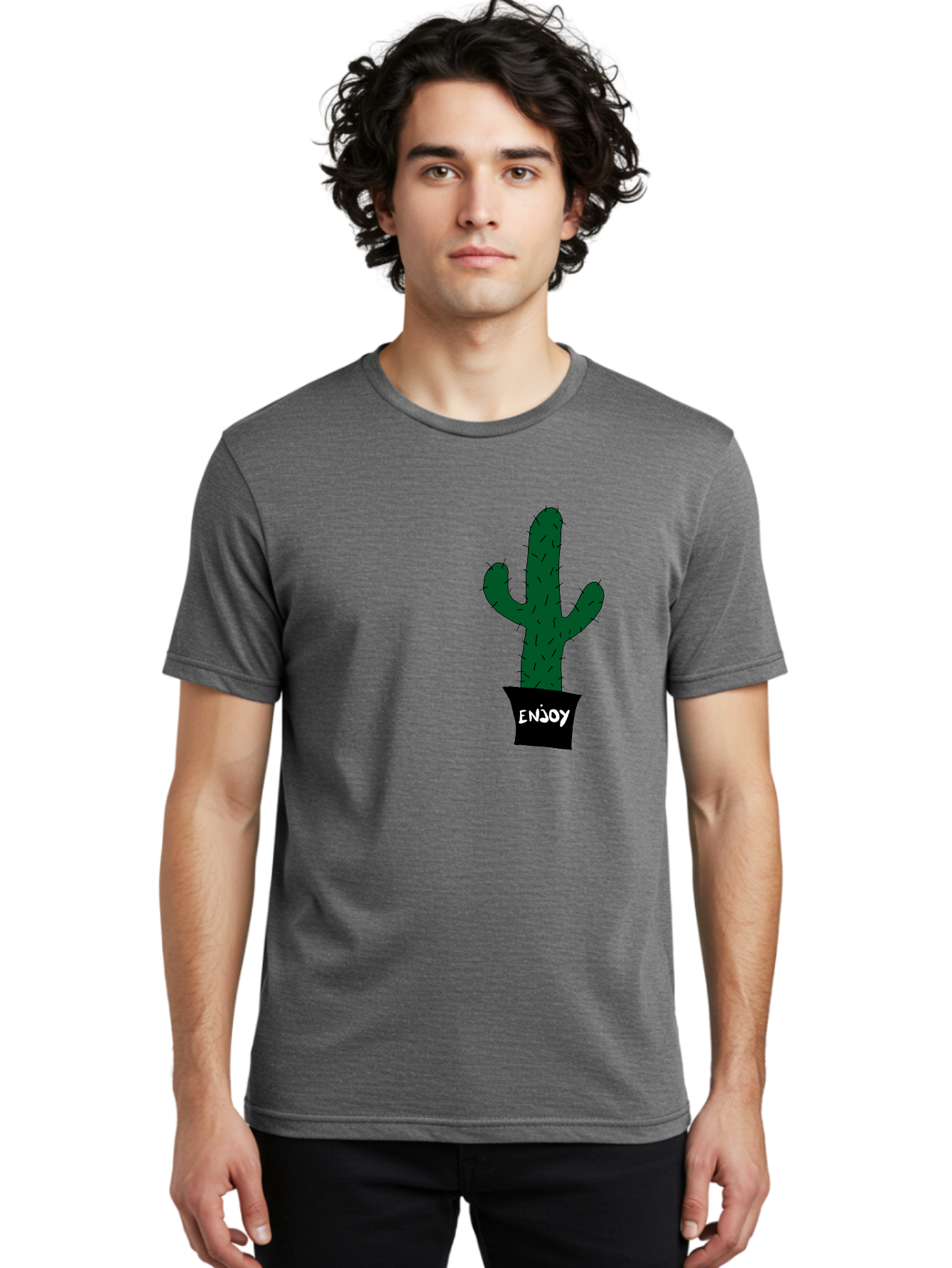 Enjoy Men'S Graphic Tee, 100% Cotton, Comfortable Casual Summer Wear, Machine Washable, Cactus In A Pot, Simple Design, Hand Drawn Illustration, Minimalistic Art, Cactus Plant, Enjoy Message, Modern Decor, Indoor Plants, Quirky Art, - Aaa033 4