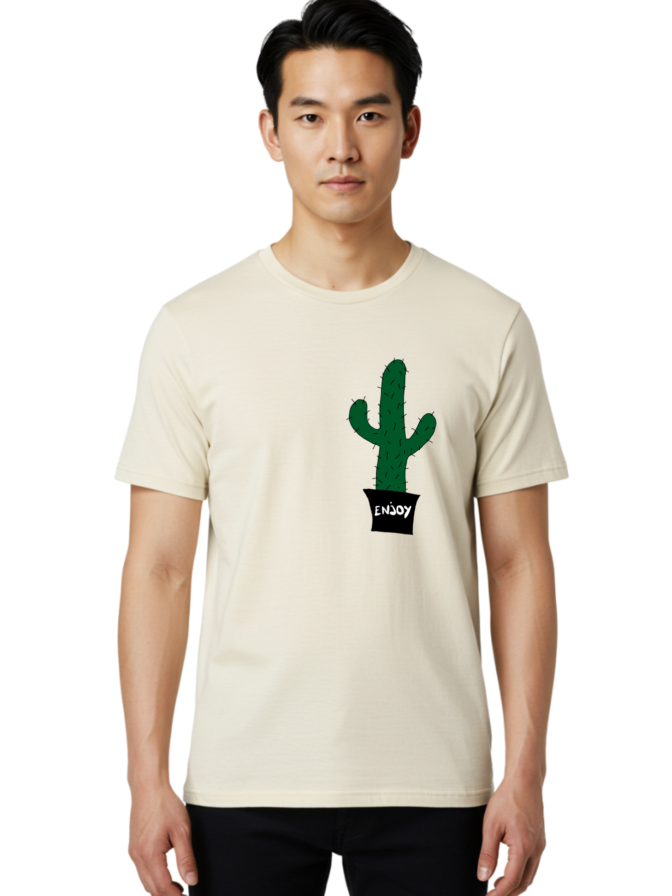 Enjoy Men'S Graphic Tee, 100% Cotton, Comfortable Casual Summer Wear, Machine Washable, Cactus In A Pot, Simple Design, Hand Drawn Illustration, Minimalistic Art, Cactus Plant, Enjoy Message, Modern Decor, Indoor Plants, Quirky Art, - Aaa033 16