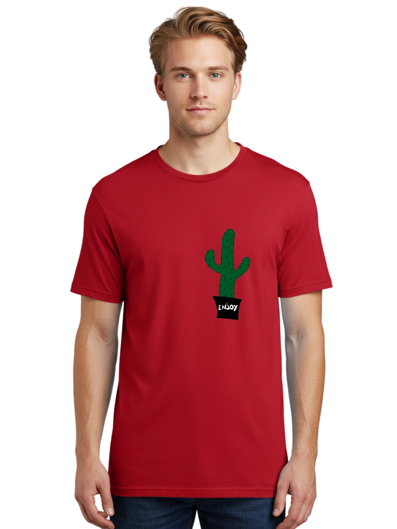 Enjoy Men'S Graphic Tee, 100% Cotton, Comfortable Casual Summer Wear, Machine Washable, Cactus In A Pot, Simple Design, Hand Drawn Illustration, Minimalistic Art, Cactus Plant, Enjoy Message, Modern Decor, Indoor Plants, Quirky Art, - Aaa033 10