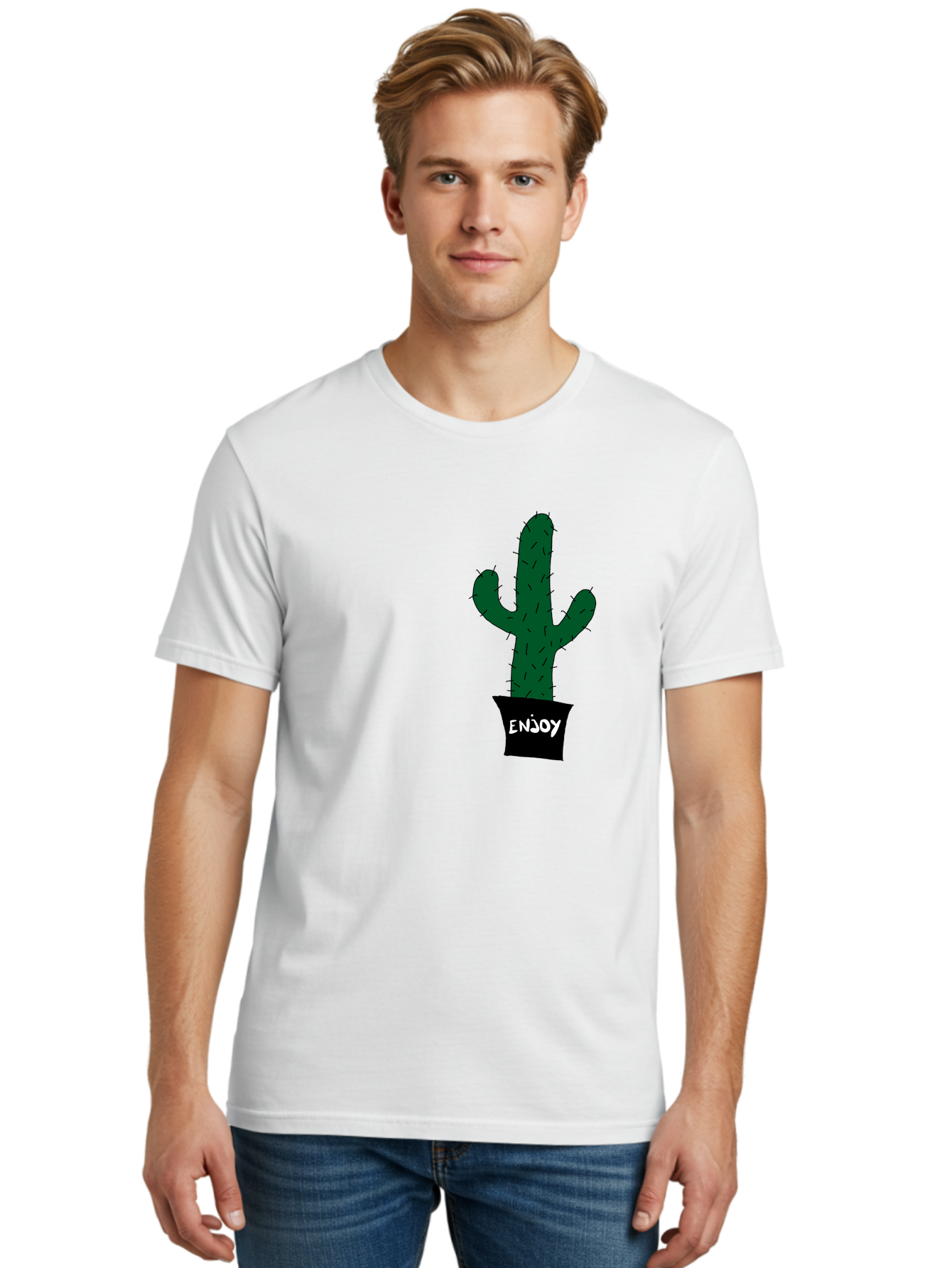 Enjoy Men'S Graphic Tee, 100% Cotton, Comfortable Casual Summer Wear, Machine Washable, Cactus In A Pot, Simple Design, Hand Drawn Illustration, Minimalistic Art, Cactus Plant, Enjoy Message, Modern Decor, Indoor Plants, Quirky Art, - Aaa033 18