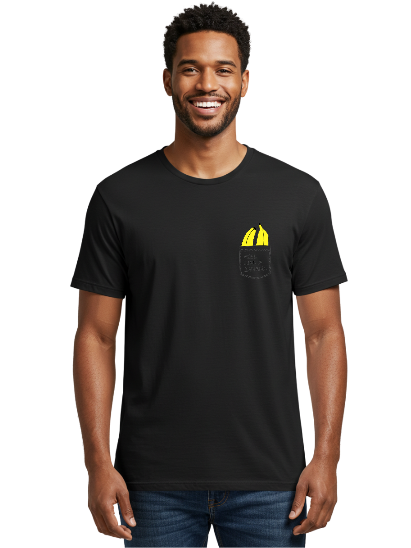 Feel-Like-A-Banana Men'S Graphic Tee, 100% Cotton, Comfortable Casual Summer Wear, Machine Washable, Yellow Bananas, Playful Illustration, Pocket With Text, Humorous Quote, Funny Design, Quirky Art, Banana Theme, Creative Typography, - Aaa036 4