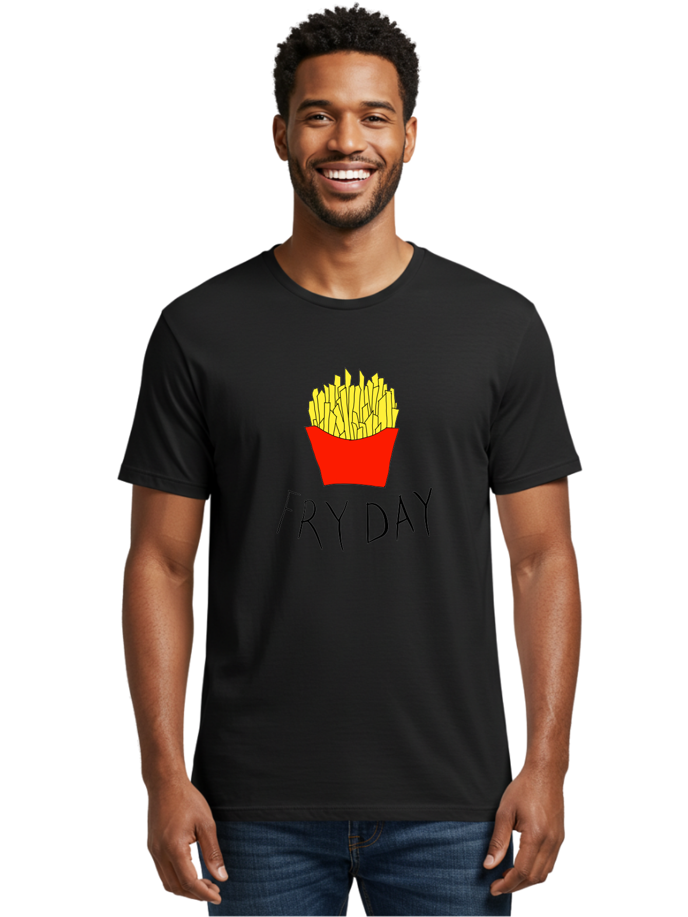 Fry-Day Men'S Graphic Tee, 100% Cotton, Comfortable Casual Summer Wear, Machine Washable, French Fries, Red Container, Yellow Fries, Cartoon Style, Playful Graphics, Food Illustration, Restaurant Promotion - Aaa041 22