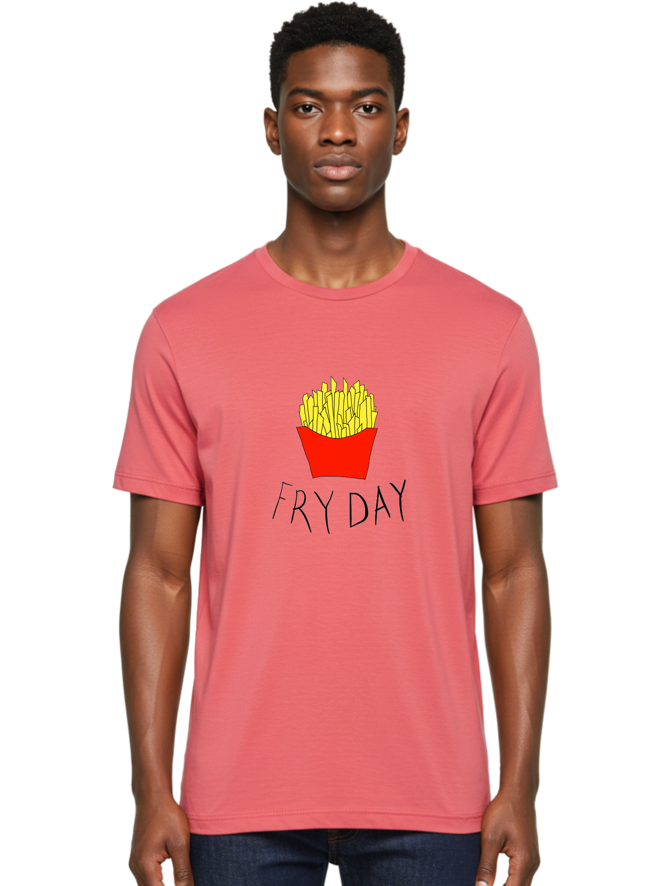 Fry-Day Men'S Graphic Tee, 100% Cotton, Comfortable Casual Summer Wear, Machine Washable, French Fries, Red Container, Yellow Fries, Cartoon Style, Playful Graphics, Food Illustration, Restaurant Promotion - Aaa041 20