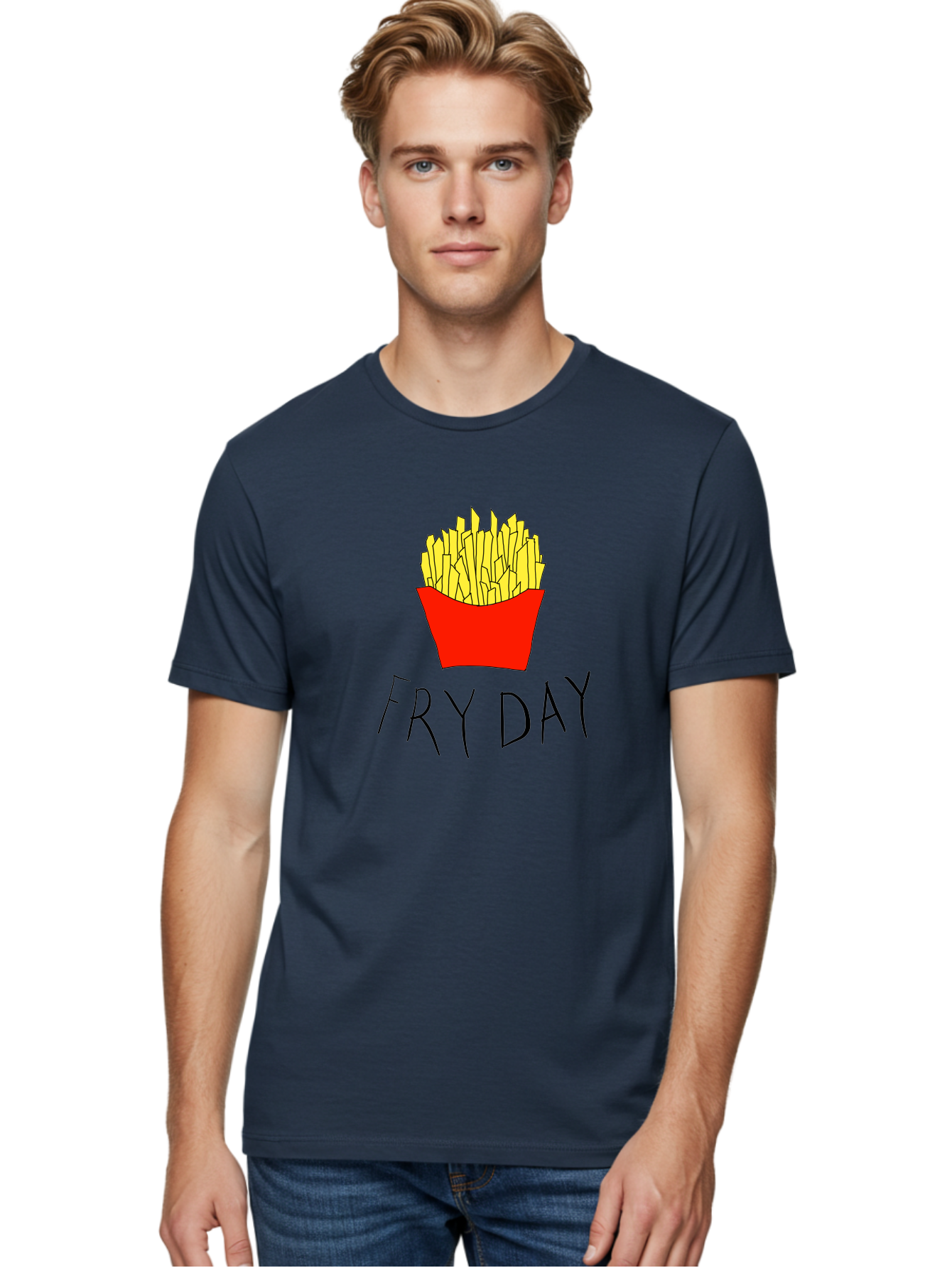 Fry-Day Men'S Graphic Tee, 100% Cotton, Comfortable Casual Summer Wear, Machine Washable, French Fries, Red Container, Yellow Fries, Cartoon Style, Playful Graphics, Food Illustration, Restaurant Promotion - Aaa041 4
