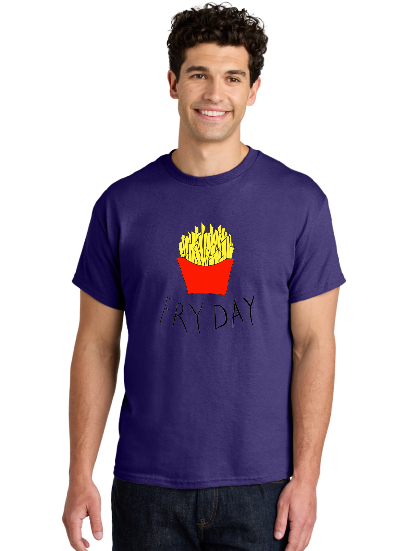 Fry-Day Men'S Graphic Tee, 100% Cotton, Comfortable Casual Summer Wear, Machine Washable, French Fries, Red Container, Yellow Fries, Cartoon Style, Playful Graphics, Food Illustration, Restaurant Promotion - Aaa041 26