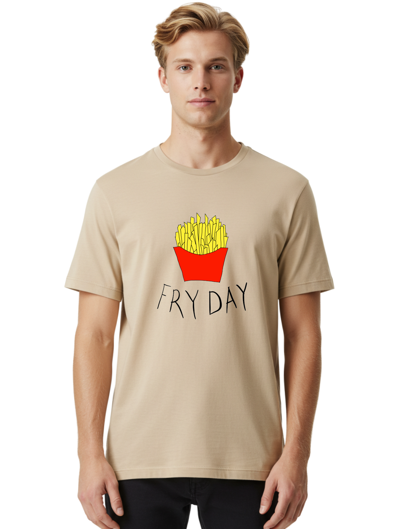 Fry-Day Men'S Graphic Tee, 100% Cotton, Comfortable Casual Summer Wear, Machine Washable, French Fries, Red Container, Yellow Fries, Cartoon Style, Playful Graphics, Food Illustration, Restaurant Promotion - Aaa041 16