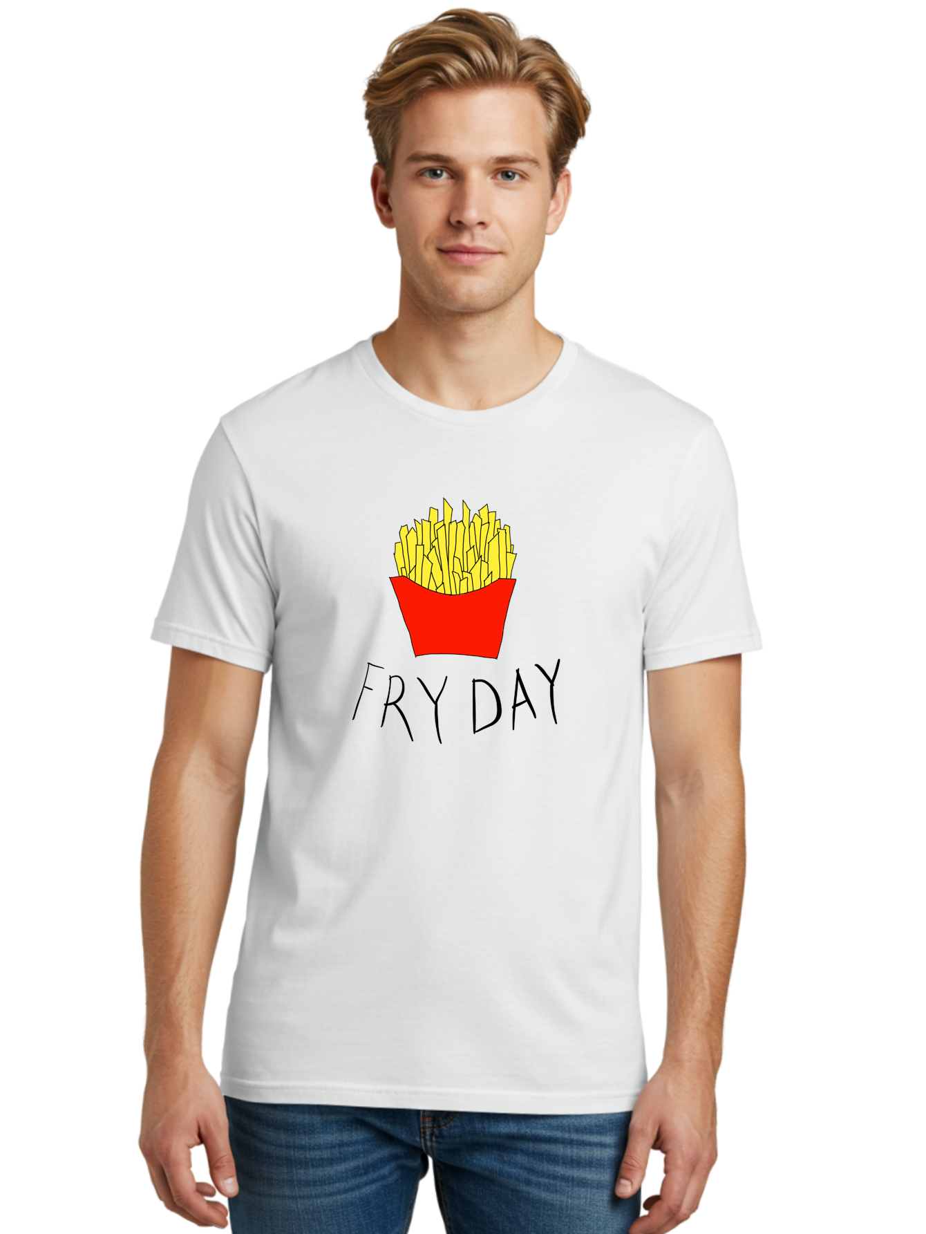 Fry-Day Men'S Graphic Tee, 100% Cotton, Comfortable Casual Summer Wear, Machine Washable, French Fries, Red Container, Yellow Fries, Cartoon Style, Playful Graphics, Food Illustration, Restaurant Promotion - Aaa041 12