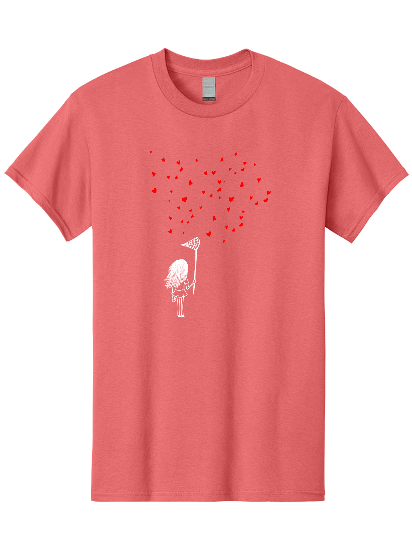 Girl-Catching-Hearts Men'S Graphic Tee, 100% Cotton, Comfortable Casual Summer Wear, Machine Washable, Girl Catching Hearts, Heart-Shaped Objects, Net In Hand, Whimsical Illustration, Playful Theme, Red Hearts, White Outline, Cute Character - Aaa042 13