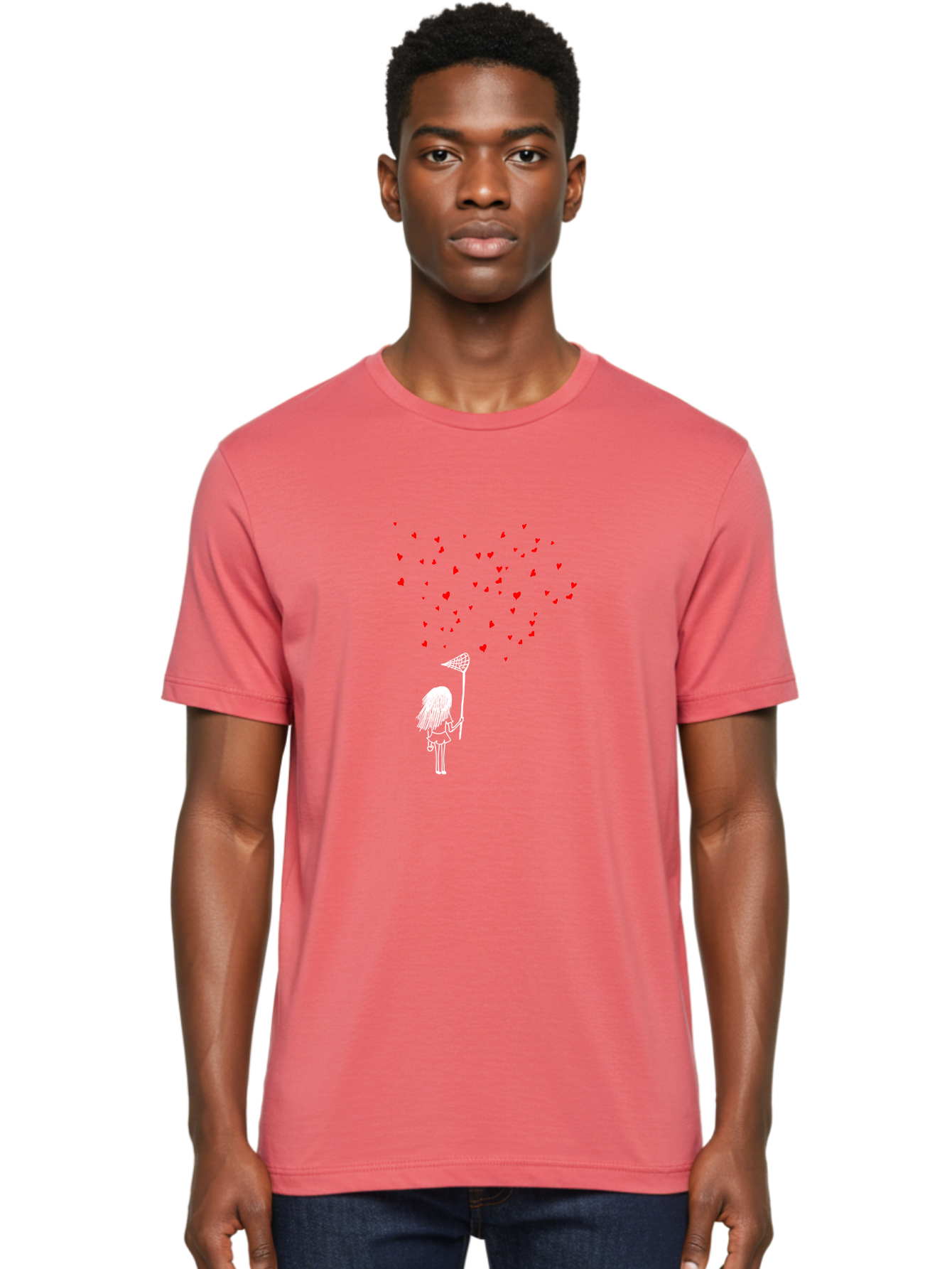 Girl-Catching-Hearts Men'S Graphic Tee, 100% Cotton, Comfortable Casual Summer Wear, Machine Washable, Girl Catching Hearts, Heart-Shaped Objects, Net In Hand, Whimsical Illustration, Playful Theme, Red Hearts, White Outline, Cute Character - Aaa042 14