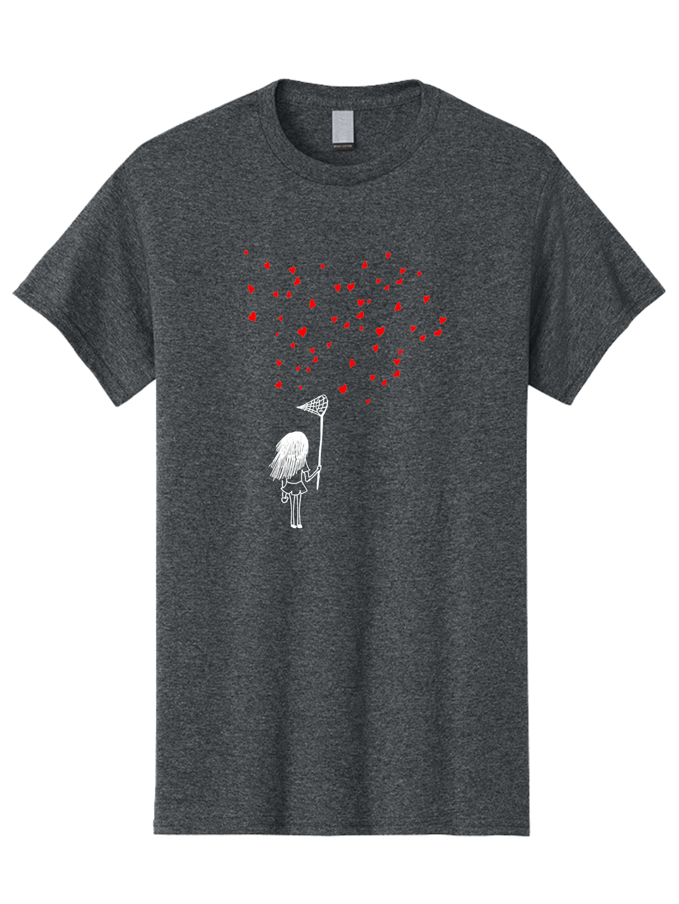 Girl-Catching-Hearts Men'S Graphic Tee, 100% Cotton, Comfortable Casual Summer Wear, Machine Washable, Girl Catching Hearts, Heart-Shaped Objects, Net In Hand, Whimsical Illustration, Playful Theme, Red Hearts, White Outline, Cute Character - Aaa042 27