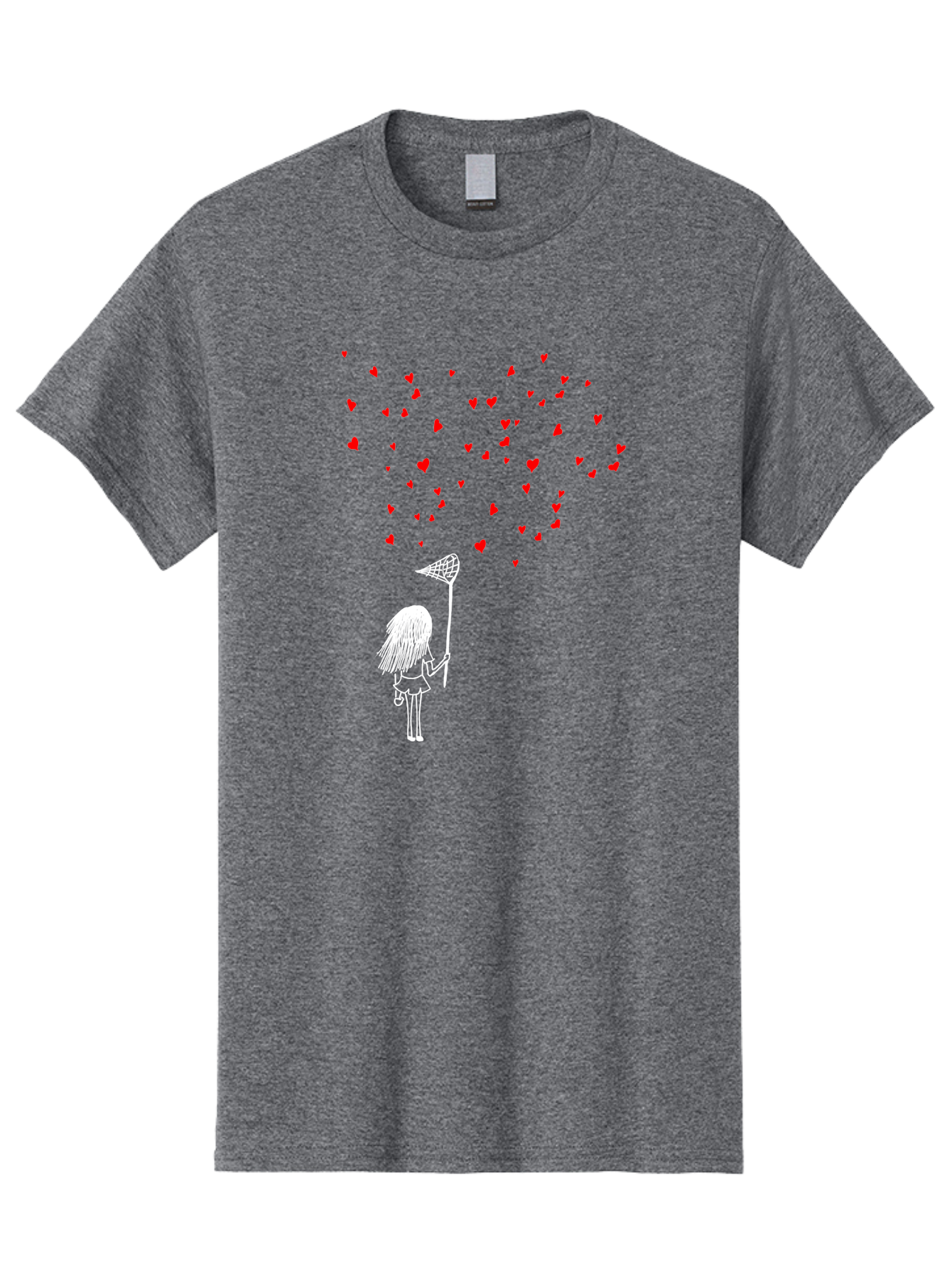 Girl-Catching-Hearts Men'S Graphic Tee, 100% Cotton, Comfortable Casual Summer Wear, Machine Washable, Girl Catching Hearts, Heart-Shaped Objects, Net In Hand, Whimsical Illustration, Playful Theme, Red Hearts, White Outline, Cute Character - Aaa042 15