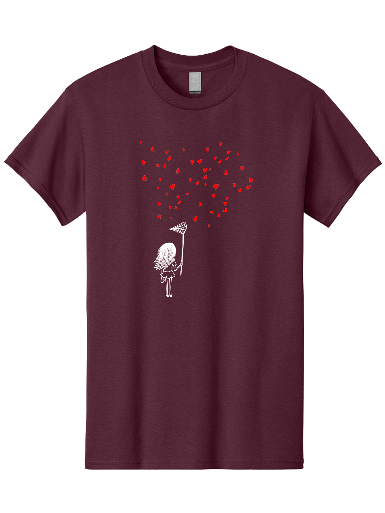 Girl-Catching-Hearts Men'S Graphic Tee, 100% Cotton, Comfortable Casual Summer Wear, Machine Washable, Girl Catching Hearts, Heart-Shaped Objects, Net In Hand, Whimsical Illustration, Playful Theme, Red Hearts, White Outline, Cute Character - Aaa042 23