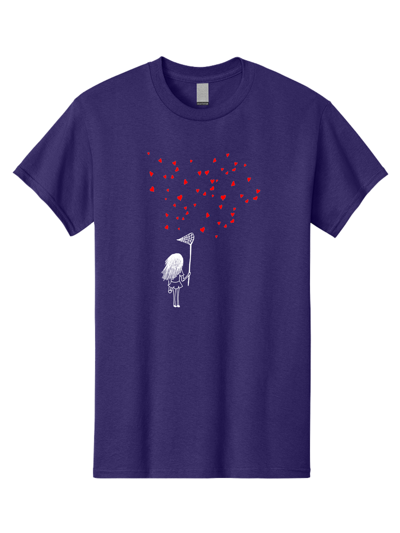 Girl-Catching-Hearts Men'S Graphic Tee, 100% Cotton, Comfortable Casual Summer Wear, Machine Washable, Girl Catching Hearts, Heart-Shaped Objects, Net In Hand, Whimsical Illustration, Playful Theme, Red Hearts, White Outline, Cute Character - Aaa042 5