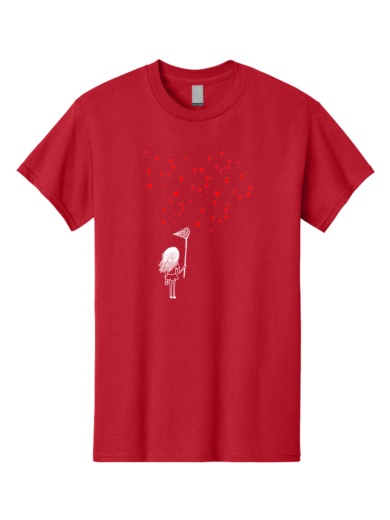 Girl-Catching-Hearts Men'S Graphic Tee, 100% Cotton, Comfortable Casual Summer Wear, Machine Washable, Girl Catching Hearts, Heart-Shaped Objects, Net In Hand, Whimsical Illustration, Playful Theme, Red Hearts, White Outline, Cute Character - Aaa042 7