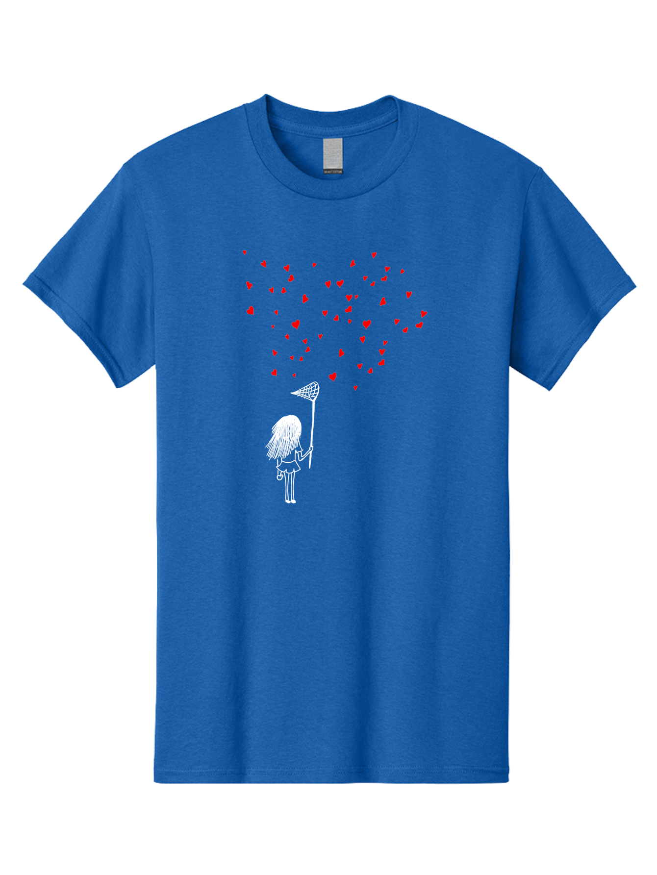 Girl-Catching-Hearts Men'S Graphic Tee, 100% Cotton, Comfortable Casual Summer Wear, Machine Washable, Girl Catching Hearts, Heart-Shaped Objects, Net In Hand, Whimsical Illustration, Playful Theme, Red Hearts, White Outline, Cute Character - Aaa042 19