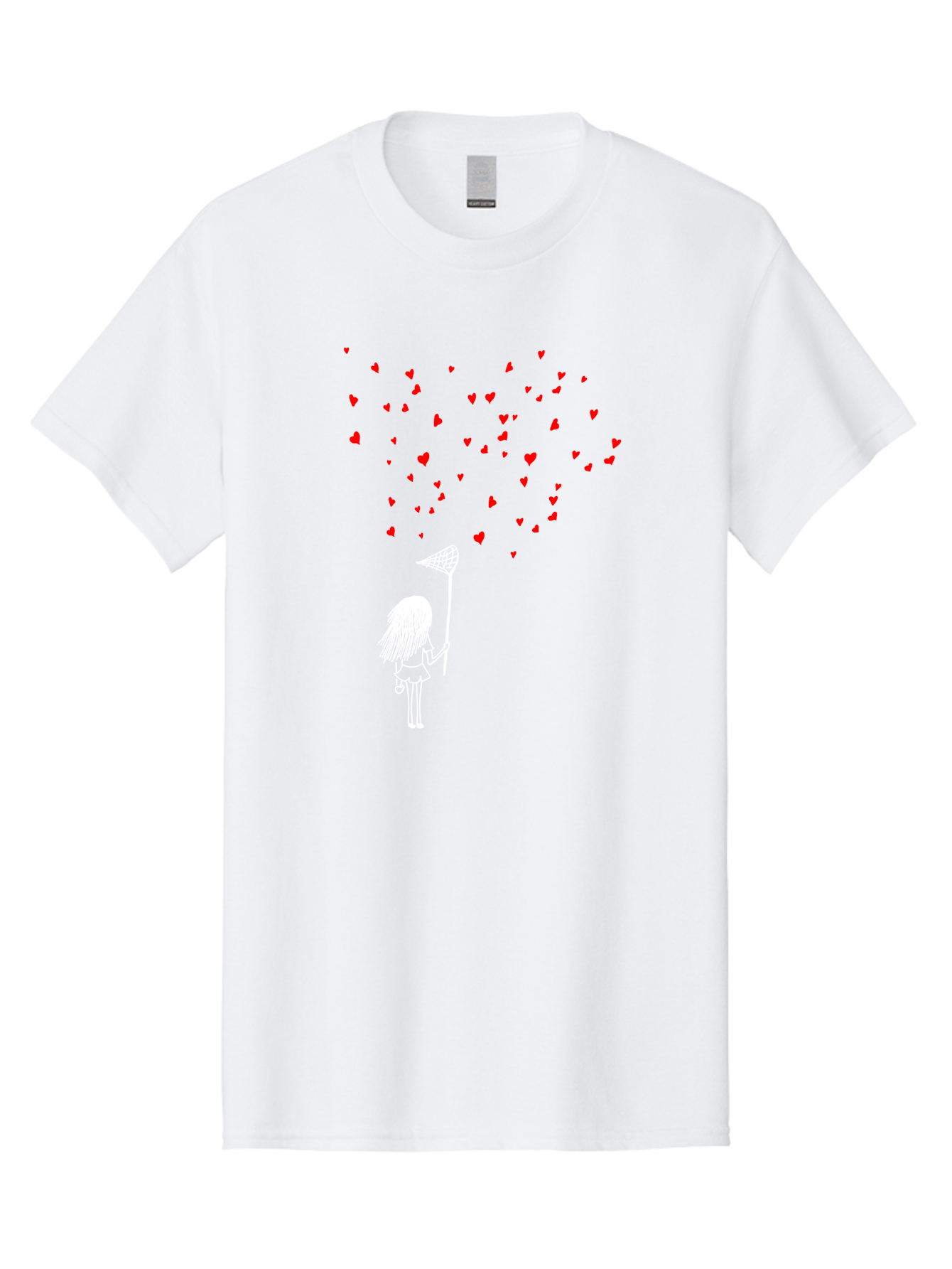 Girl-Catching-Hearts Men'S Graphic Tee, 100% Cotton, Comfortable Casual Summer Wear, Machine Washable, Girl Catching Hearts, Heart-Shaped Objects, Net In Hand, Whimsical Illustration, Playful Theme, Red Hearts, White Outline, Cute Character - Aaa042 11