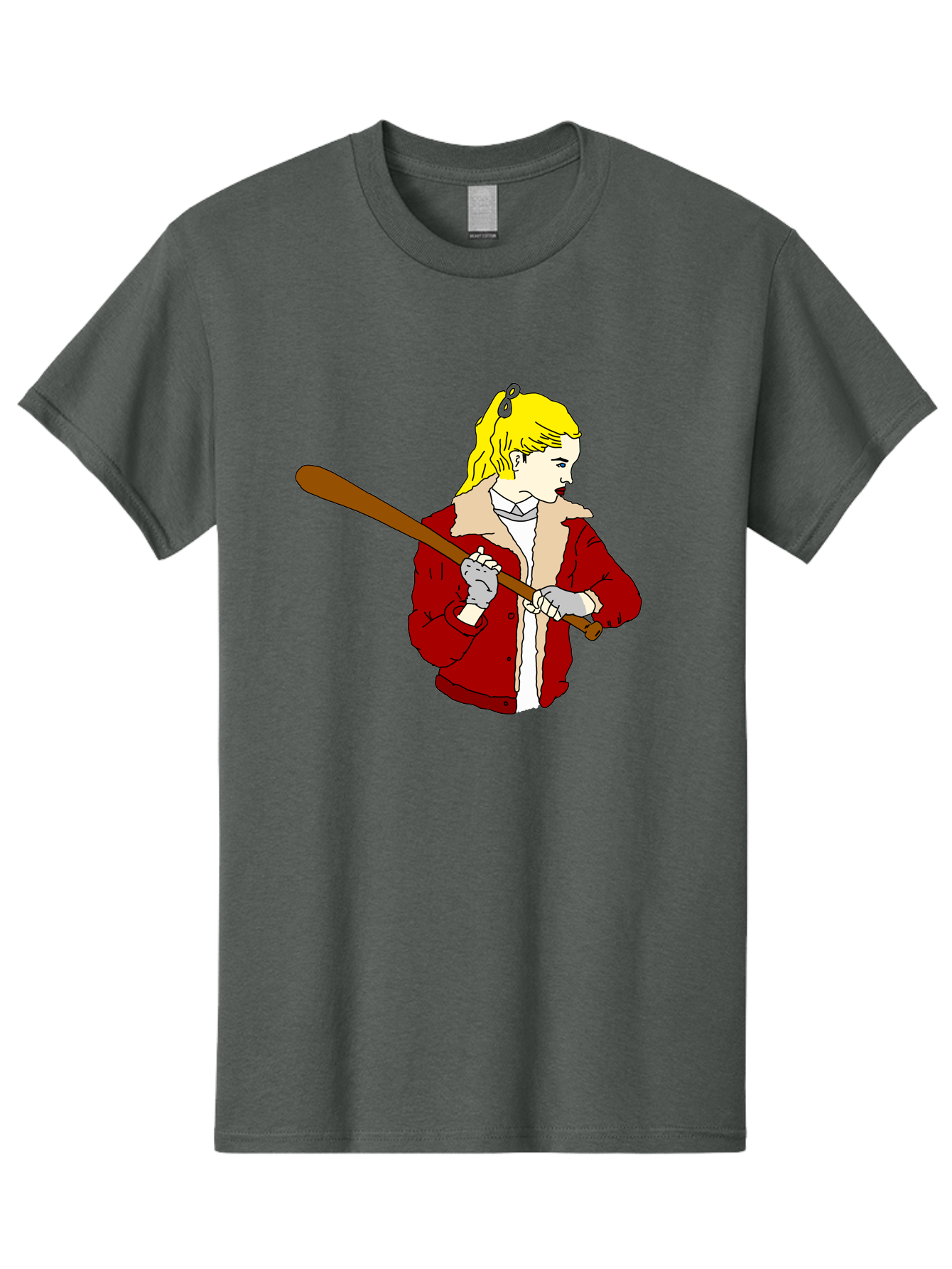Girl-With-Baseball-Bat Men'S Graphic Tee, 100% Cotton, Comfortable Casual Summer Wear, Machine Washable, Girl With Blonde Hair, Red Jacket With Fur Collar, Holding Baseball Bat, Cartoon Style, Baseball Player, Young Athlete, Sporty Girl, - Aaa044 3