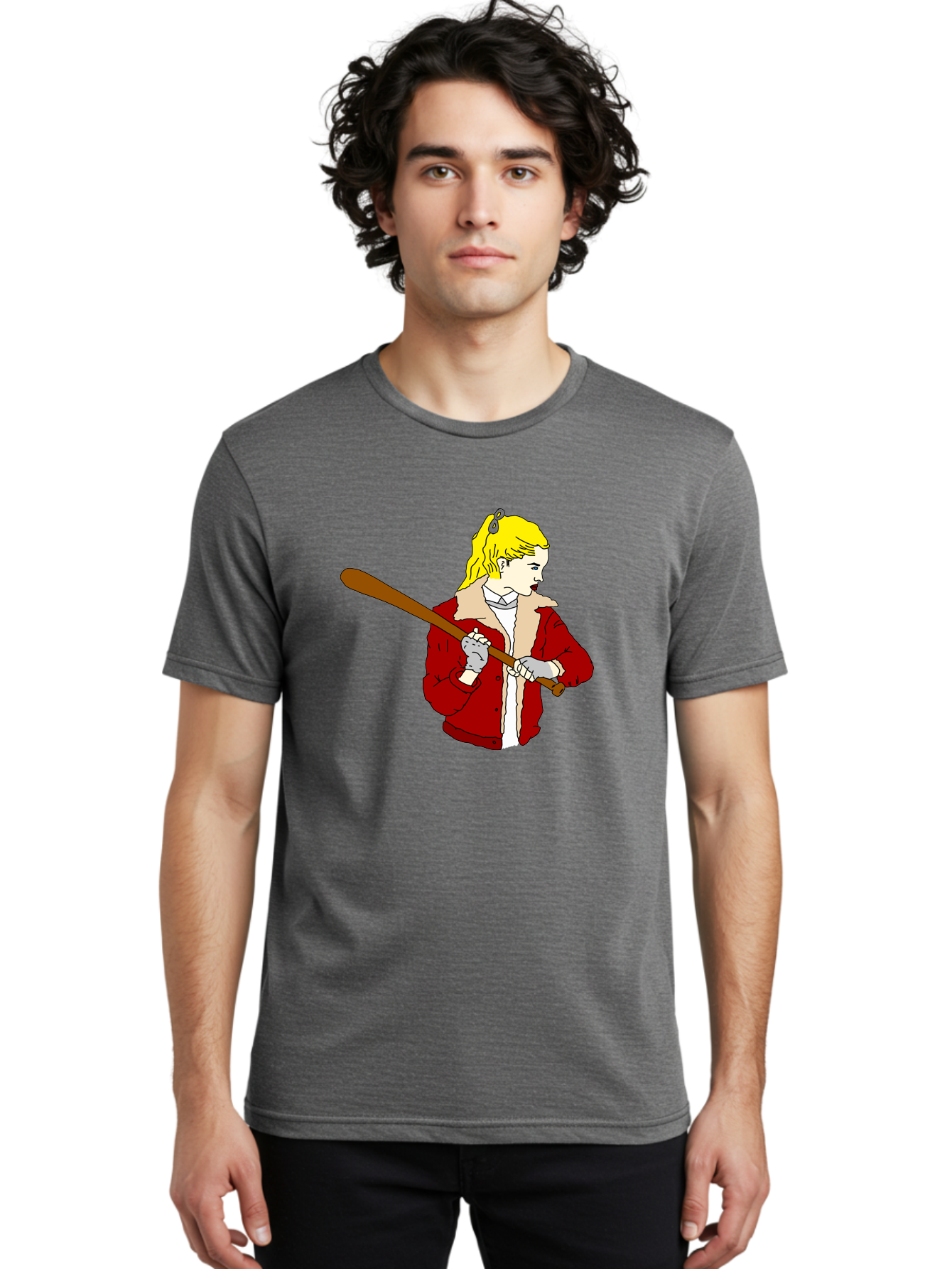 Girl-With-Baseball-Bat Men'S Graphic Tee, 100% Cotton, Comfortable Casual Summer Wear, Machine Washable, Girl With Blonde Hair, Red Jacket With Fur Collar, Holding Baseball Bat, Cartoon Style, Baseball Player, Young Athlete, Sporty Girl, - Aaa044 20