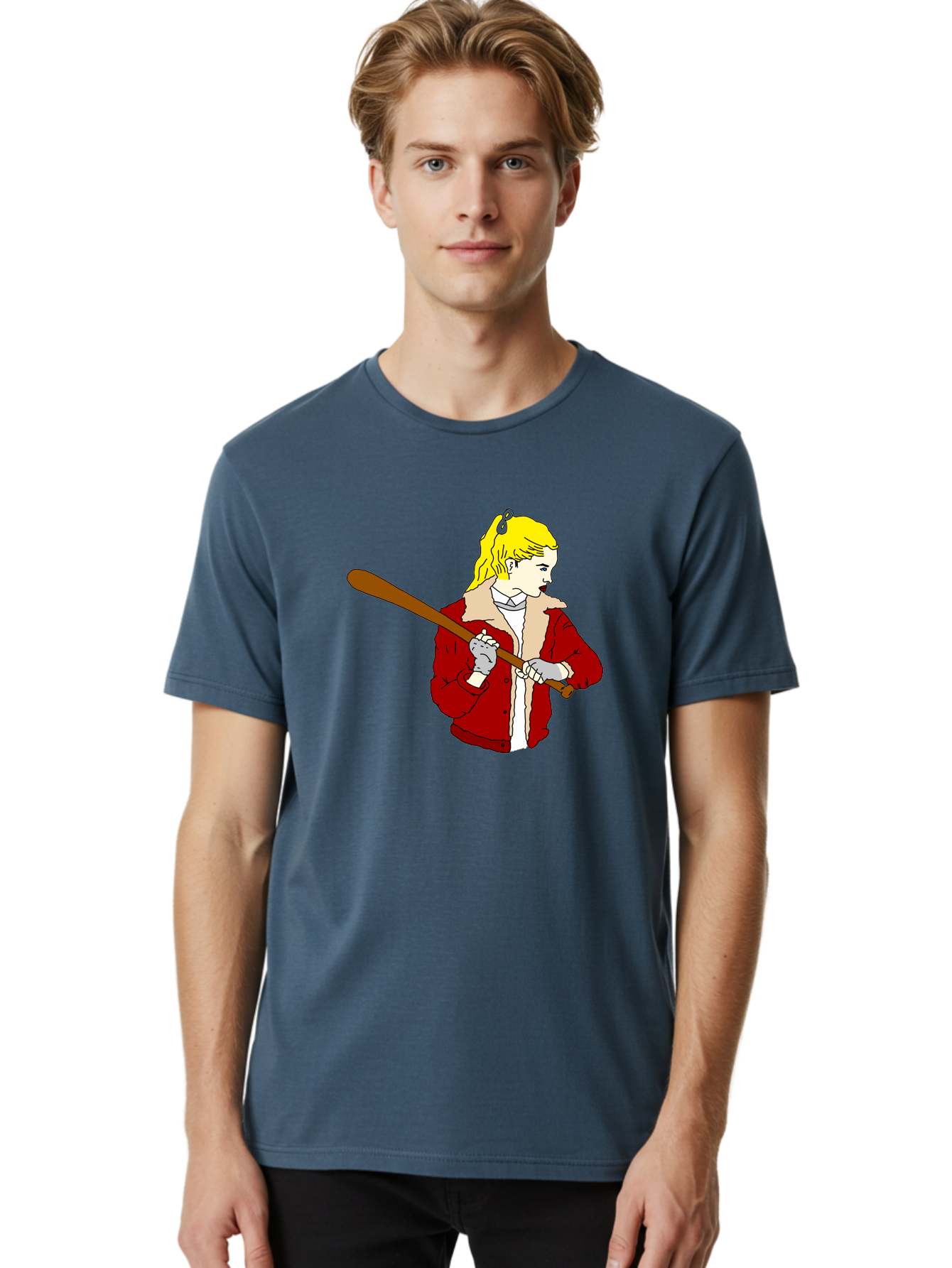 Girl-With-Baseball-Bat Men'S Graphic Tee, 100% Cotton, Comfortable Casual Summer Wear, Machine Washable, Girl With Blonde Hair, Red Jacket With Fur Collar, Holding Baseball Bat, Cartoon Style, Baseball Player, Young Athlete, Sporty Girl, - Aaa044 26