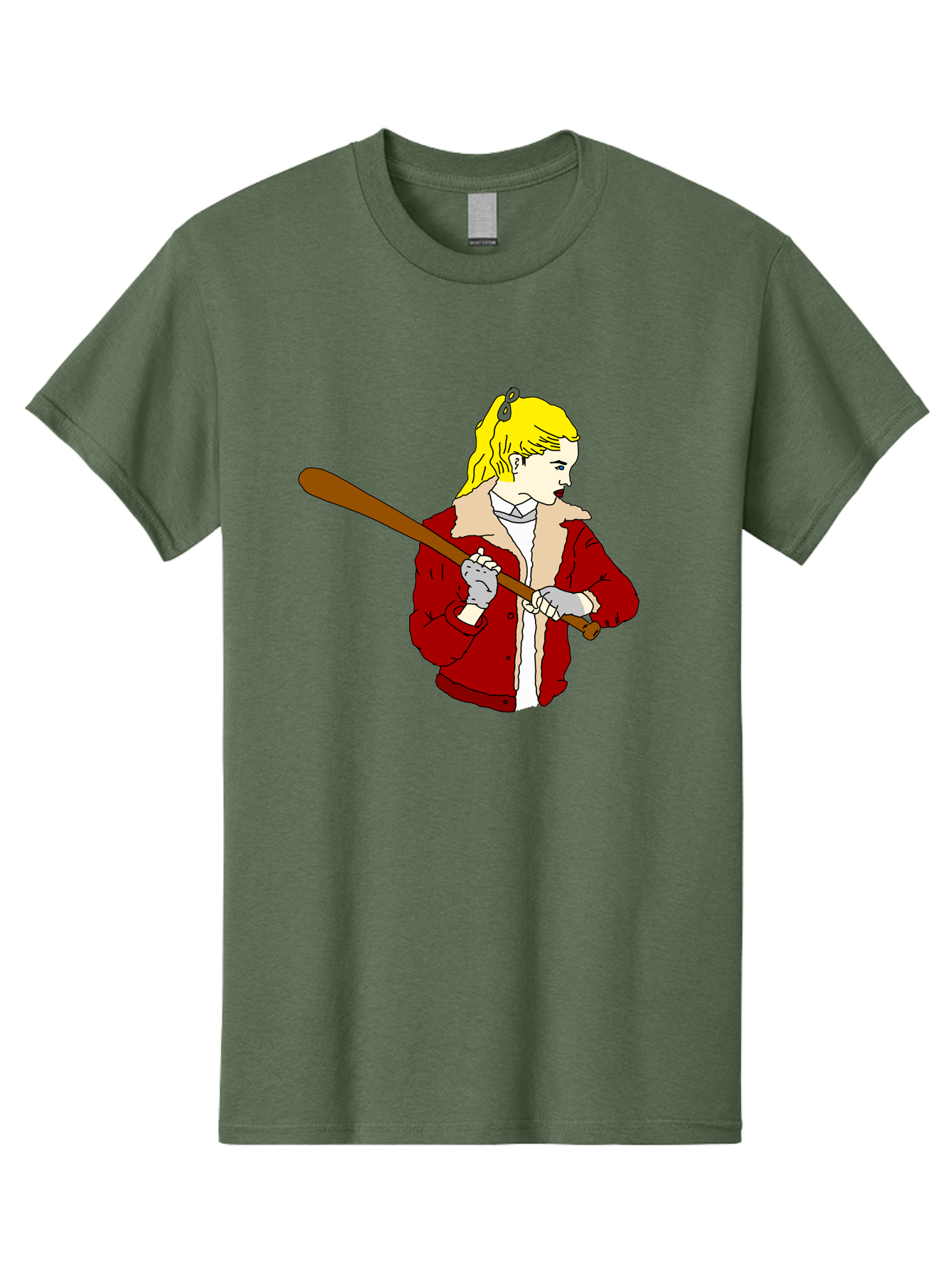 Girl-With-Baseball-Bat Men'S Graphic Tee, 100% Cotton, Comfortable Casual Summer Wear, Machine Washable, Girl With Blonde Hair, Red Jacket With Fur Collar, Holding Baseball Bat, Cartoon Style, Baseball Player, Young Athlete, Sporty Girl, - Aaa044 21