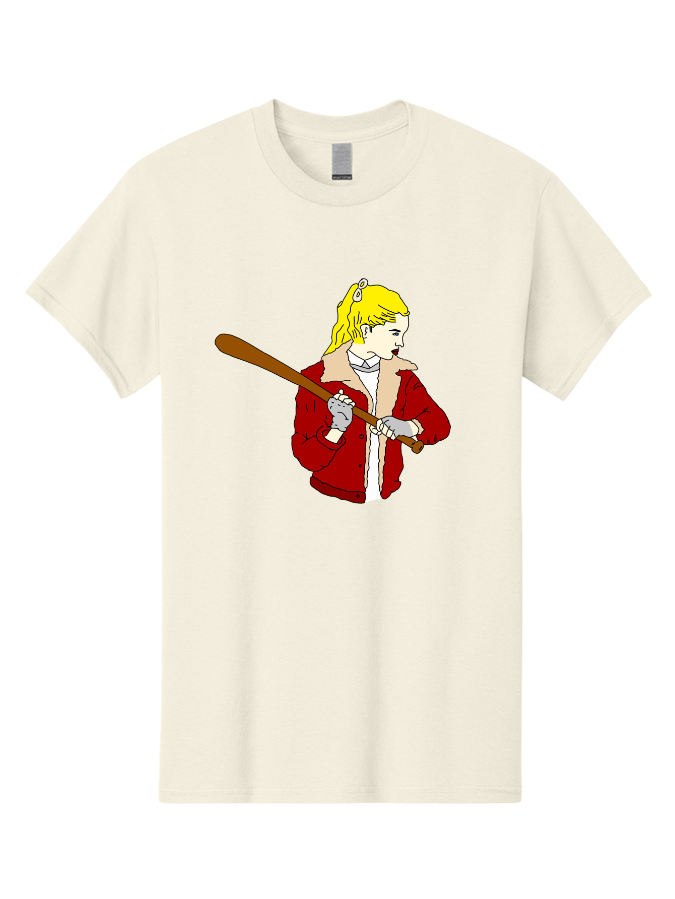 Girl-With-Baseball-Bat Men'S Graphic Tee, 100% Cotton, Comfortable Casual Summer Wear, Machine Washable, Girl With Blonde Hair, Red Jacket With Fur Collar, Holding Baseball Bat, Cartoon Style, Baseball Player, Young Athlete, Sporty Girl, - Aaa044 13