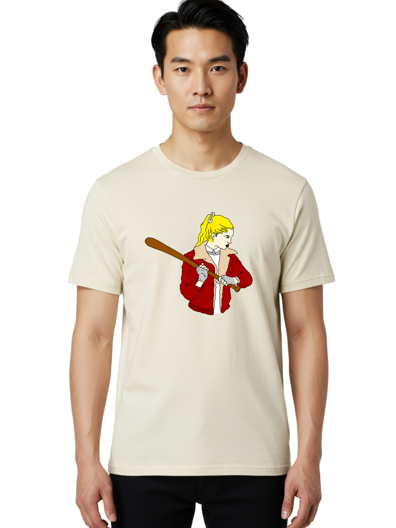 Girl-With-Baseball-Bat Men'S Graphic Tee, 100% Cotton, Comfortable Casual Summer Wear, Machine Washable, Girl With Blonde Hair, Red Jacket With Fur Collar, Holding Baseball Bat, Cartoon Style, Baseball Player, Young Athlete, Sporty Girl, - Aaa044 14